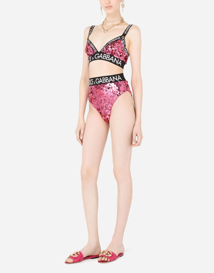 Sequined high-waisted briefs with branded elastic - 2