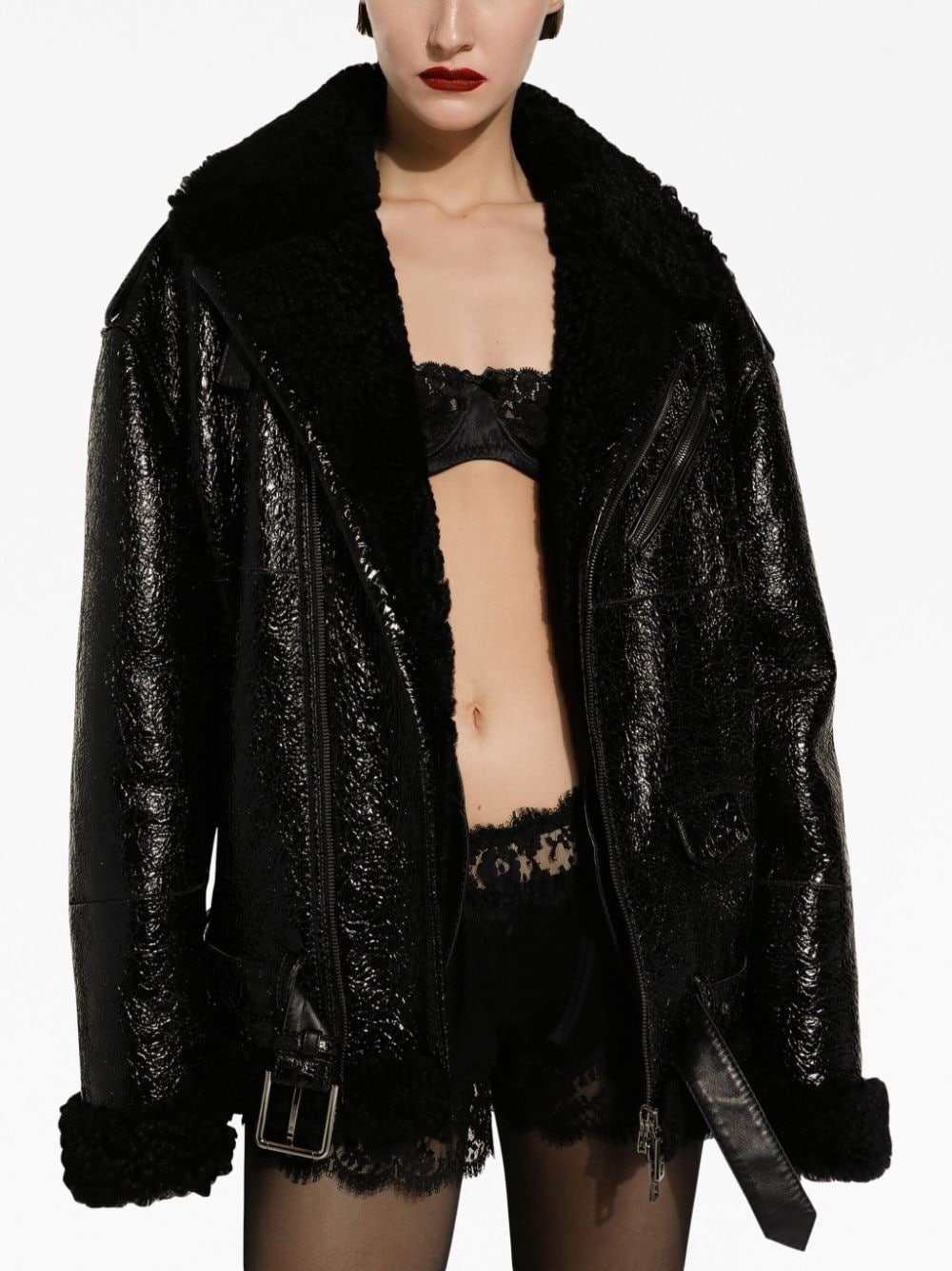 frilled-collar pebbled leather jacket - 5