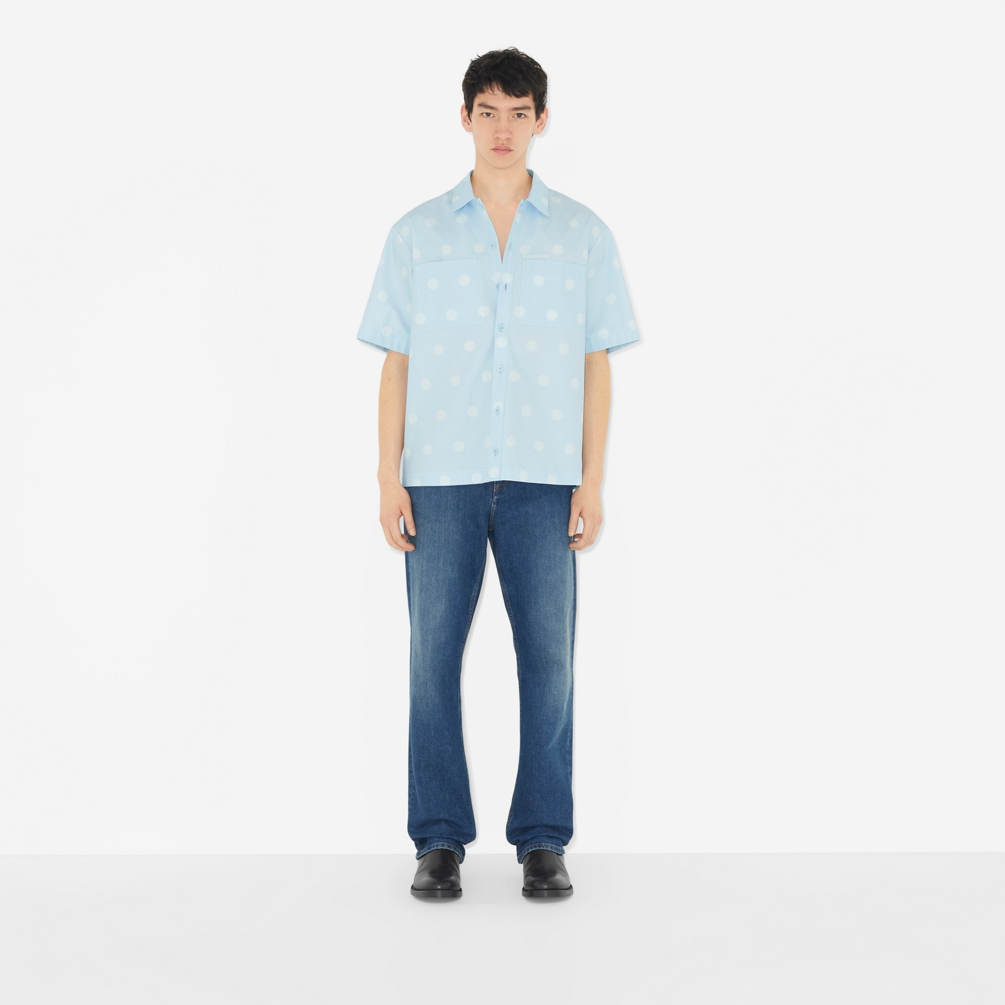 Short-sleeve Polka Dot Print Cotton Shirt - 3