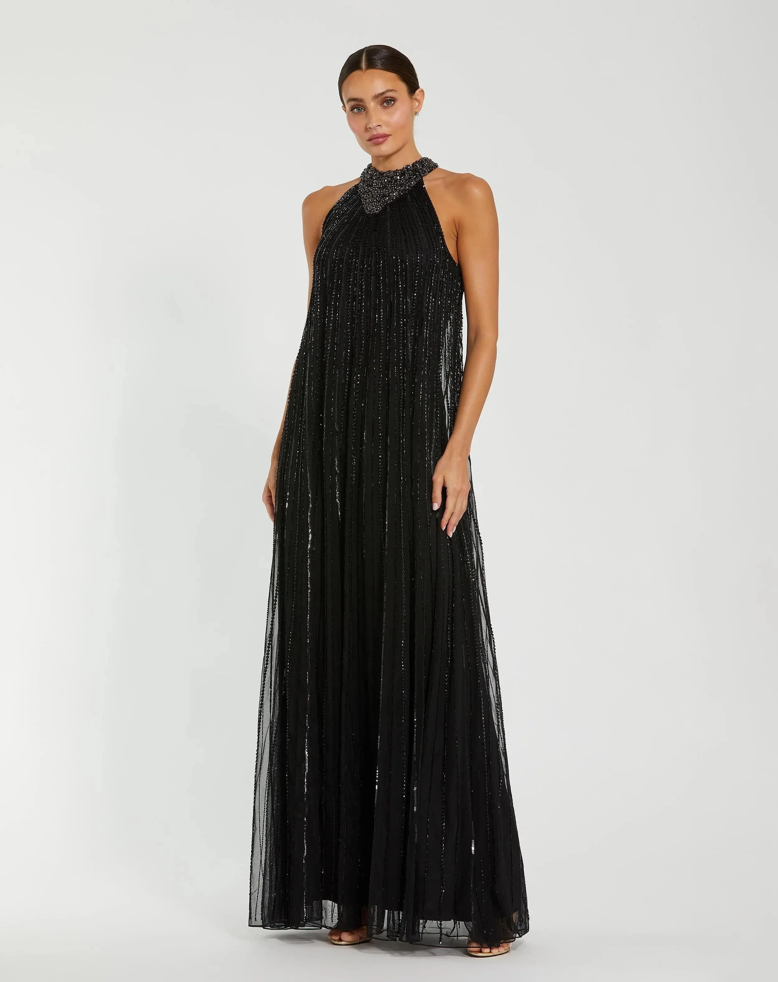 Black Sleeveless Halter Embellished Trapeze Gown - 1