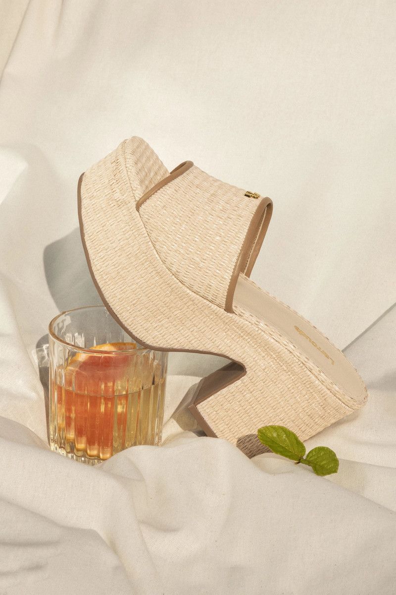 Larroudé Miso Platform Sandal In Natural Raffia and Hazelnut Trimming outlook