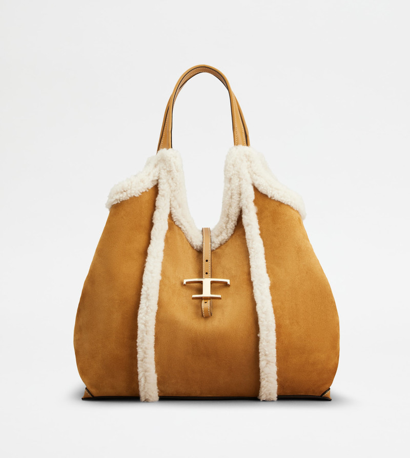 T TIMELESS SHOPPING BAG IN SUEDE MEDIUM - BROWN, WHITE 1