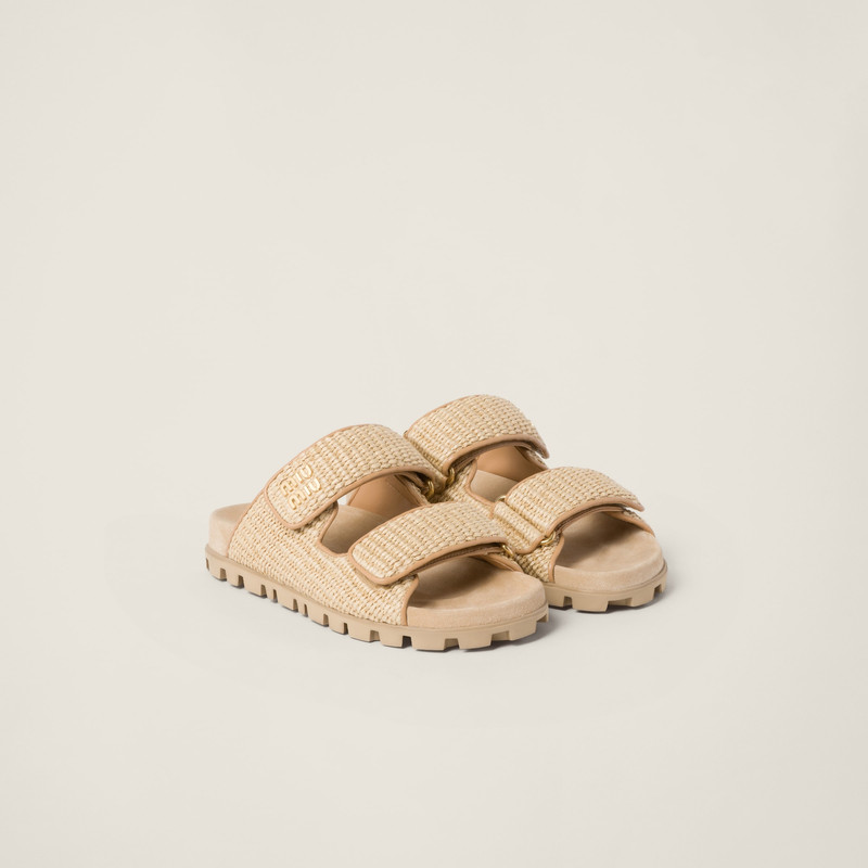 Raffia-effect woven fabric slides 1