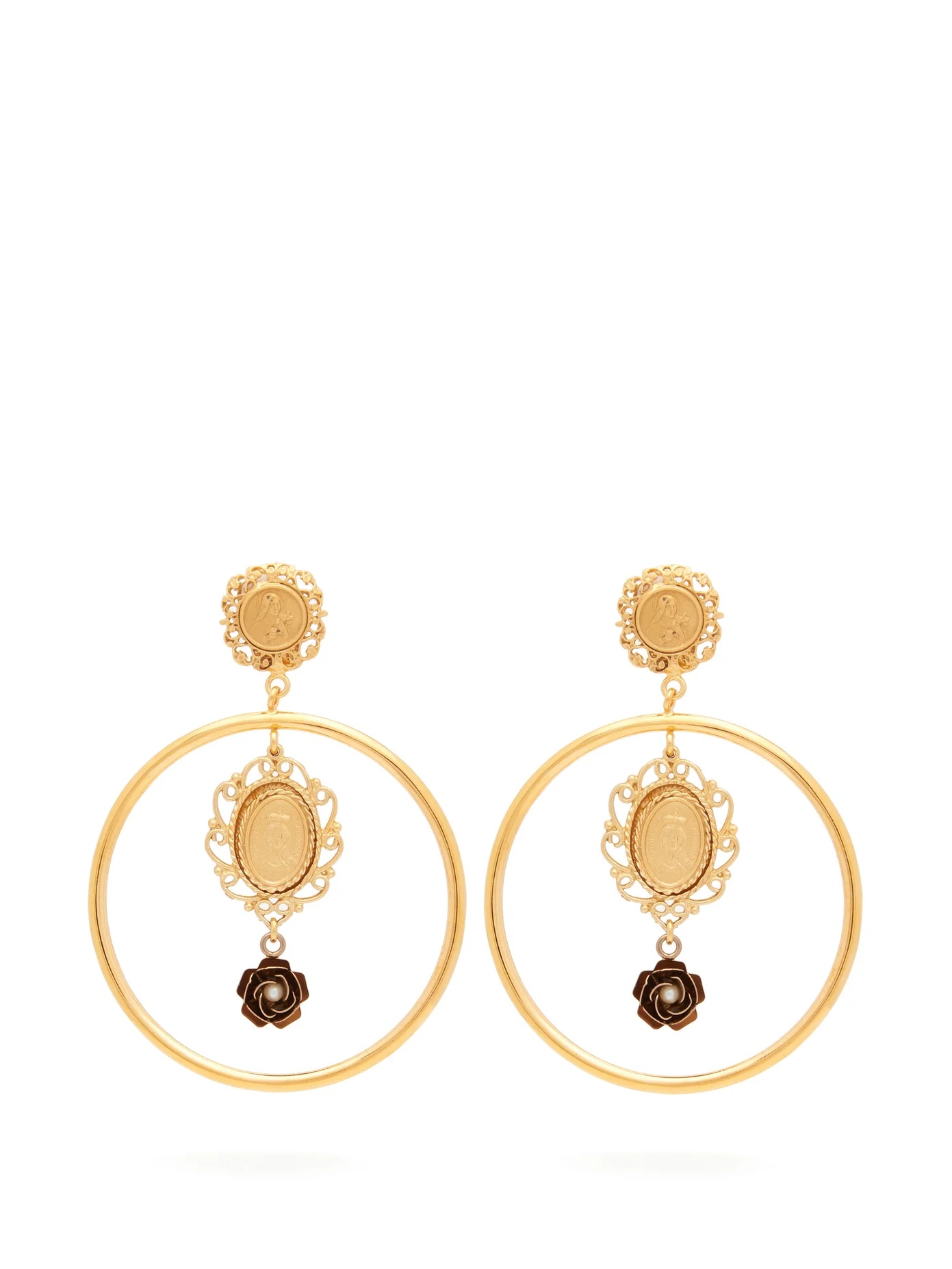 Cameo-charm hoop clip earrings - 1