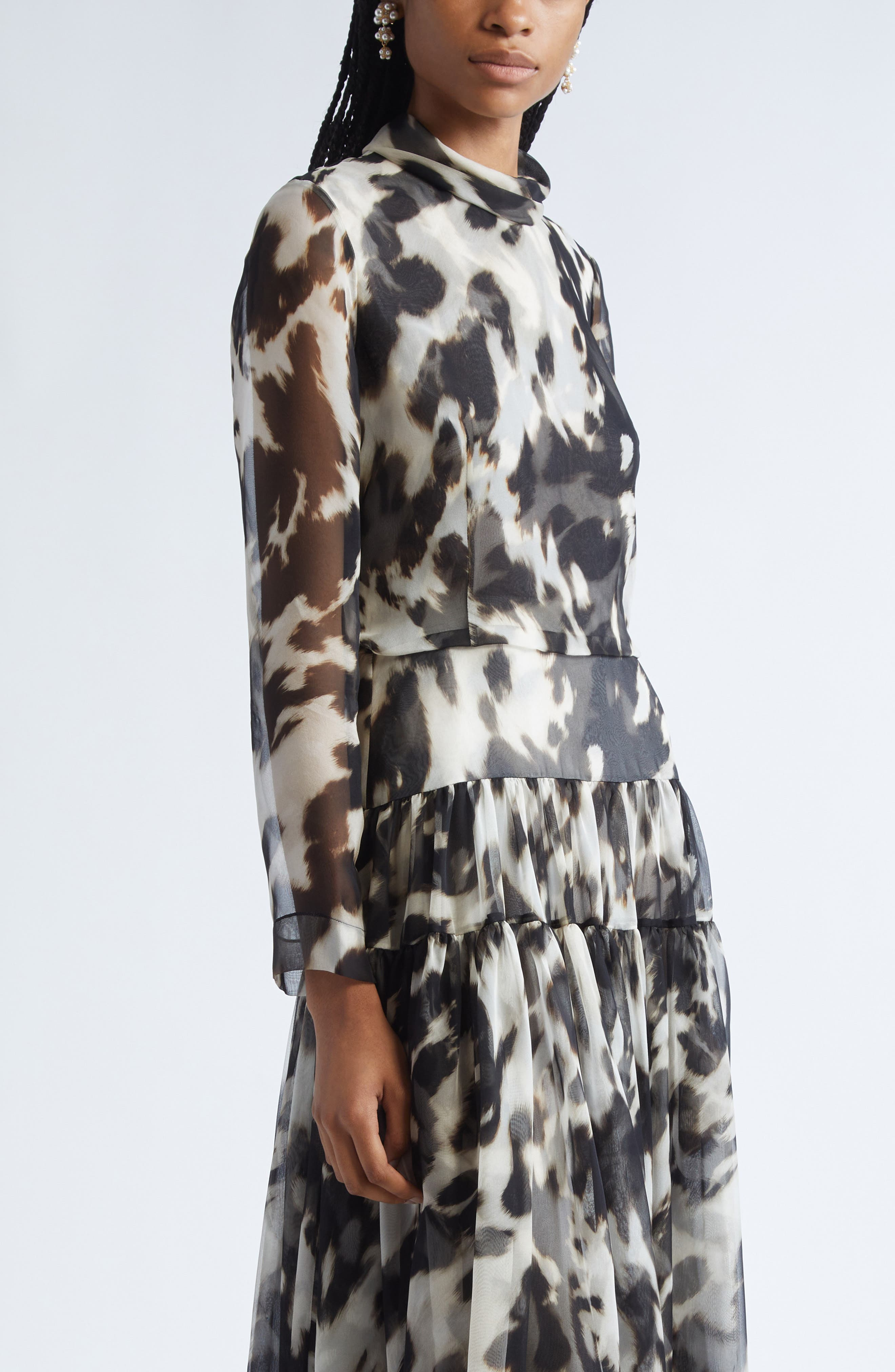 Oscar de la Renta Cow Print Long Sleeve Sheer Silk Dress in Ecru/Black at Nordstrom - 4