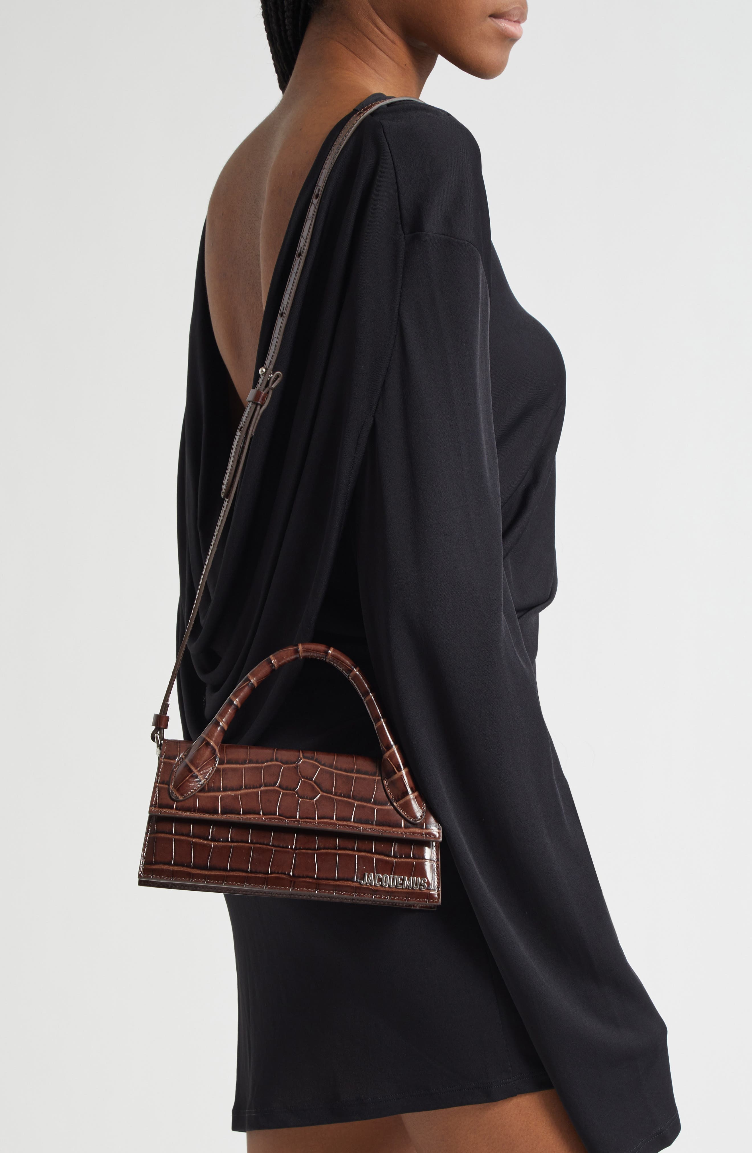 Jacquemus Le Chiquito Long Croc Embossed Leather Top Handle Bag in Dark Brown at Nordstrom - 2