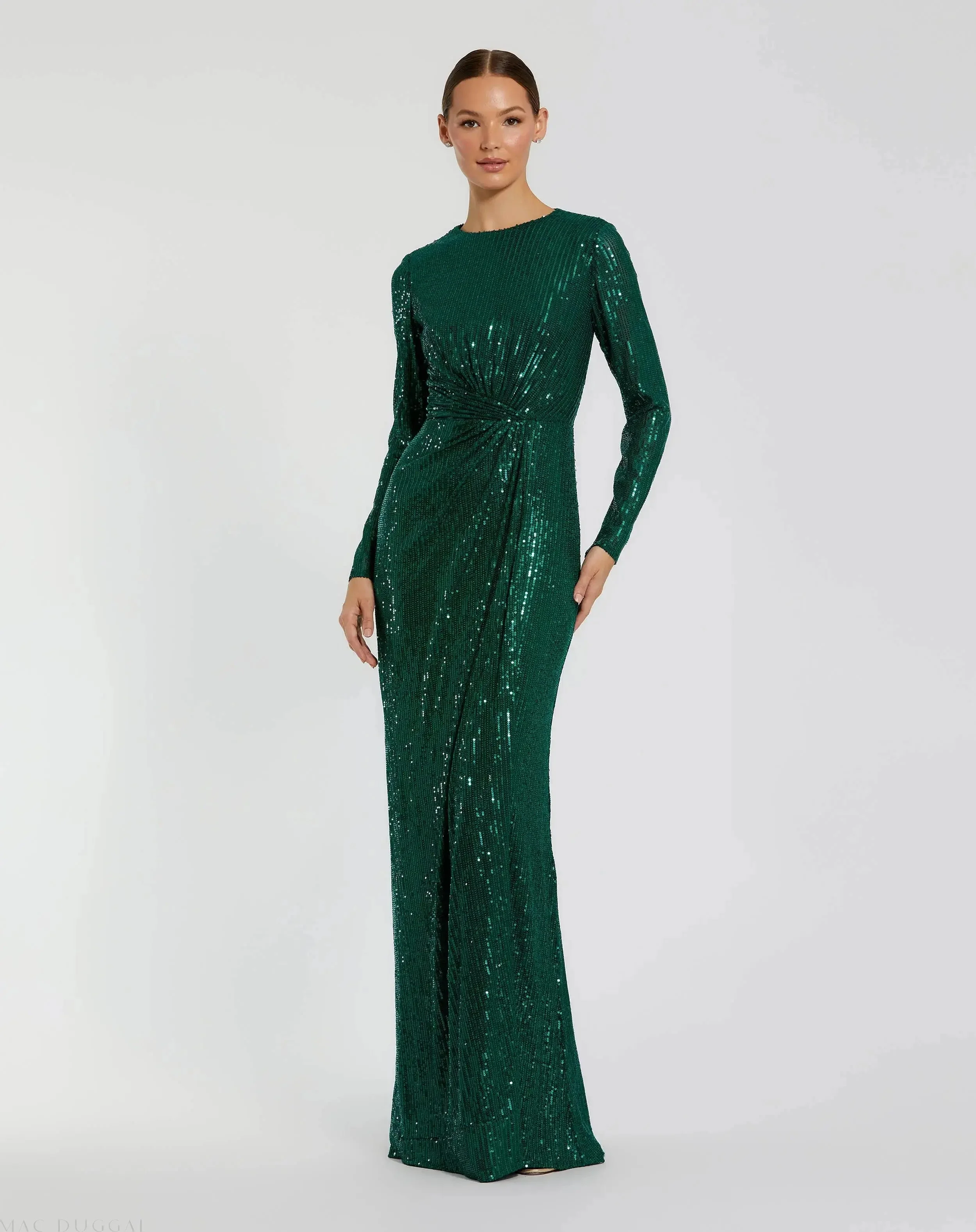 Green Sequined Long Sleeve Side Knot Gown - 1