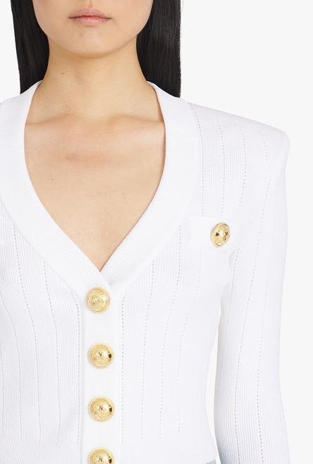 Cropped white eco-designed cardigan with gold-tone buttons - 6