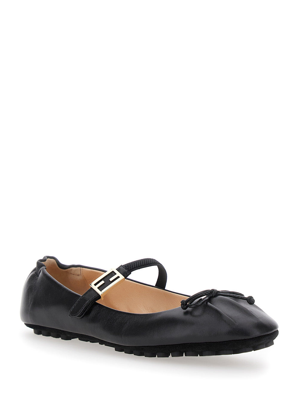 Fendi Women Black Ballerinas With Curled Heel And Ff Logo Plaque On The Strap In Leather Woman - 2