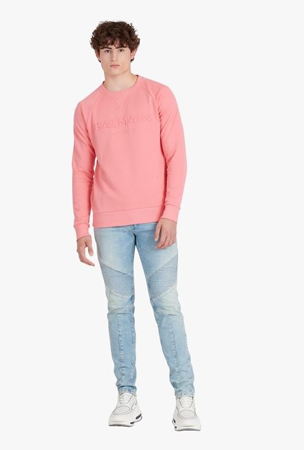 Salmon pink cotton sweatshirt with embossed Balmain logo - 2