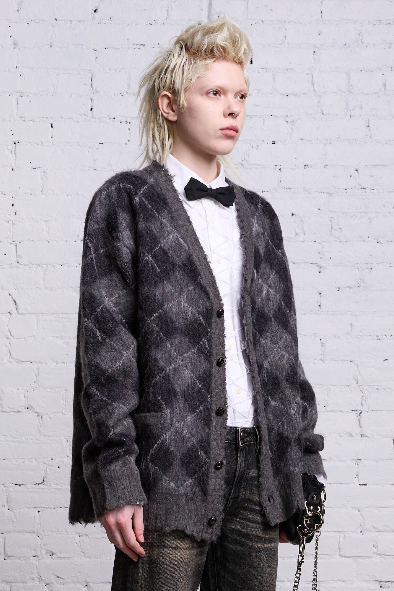 OVERSIZED DISTRESSED EDGE CARDIGAN - CHARCOAL/BLACK ARGYLE - 4
