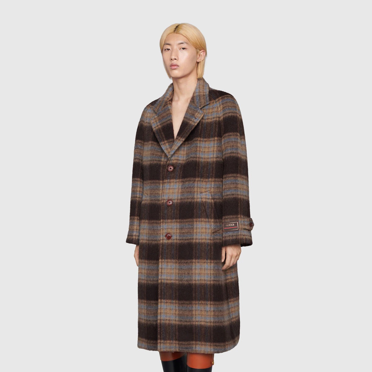 Check wool coat with Gucci label - 5