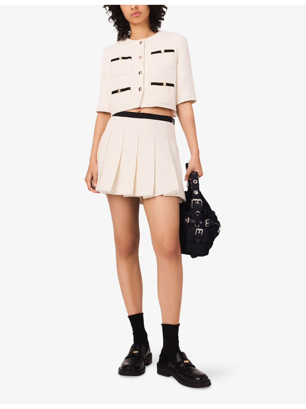 Contrast-Trim Pleated Lurex Tweed Skort - 2