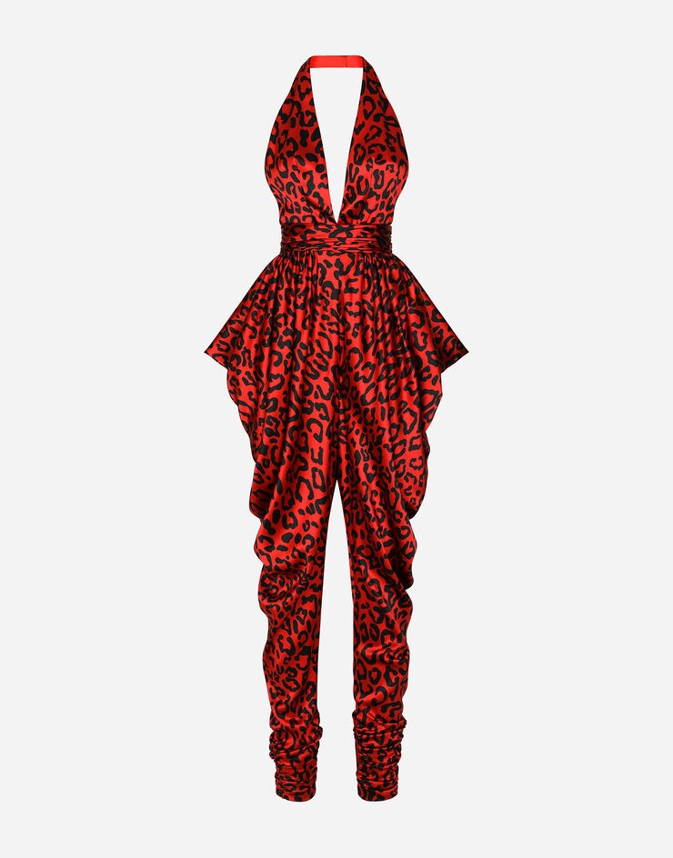 Draped satin jumpsuit with leopard print - 1