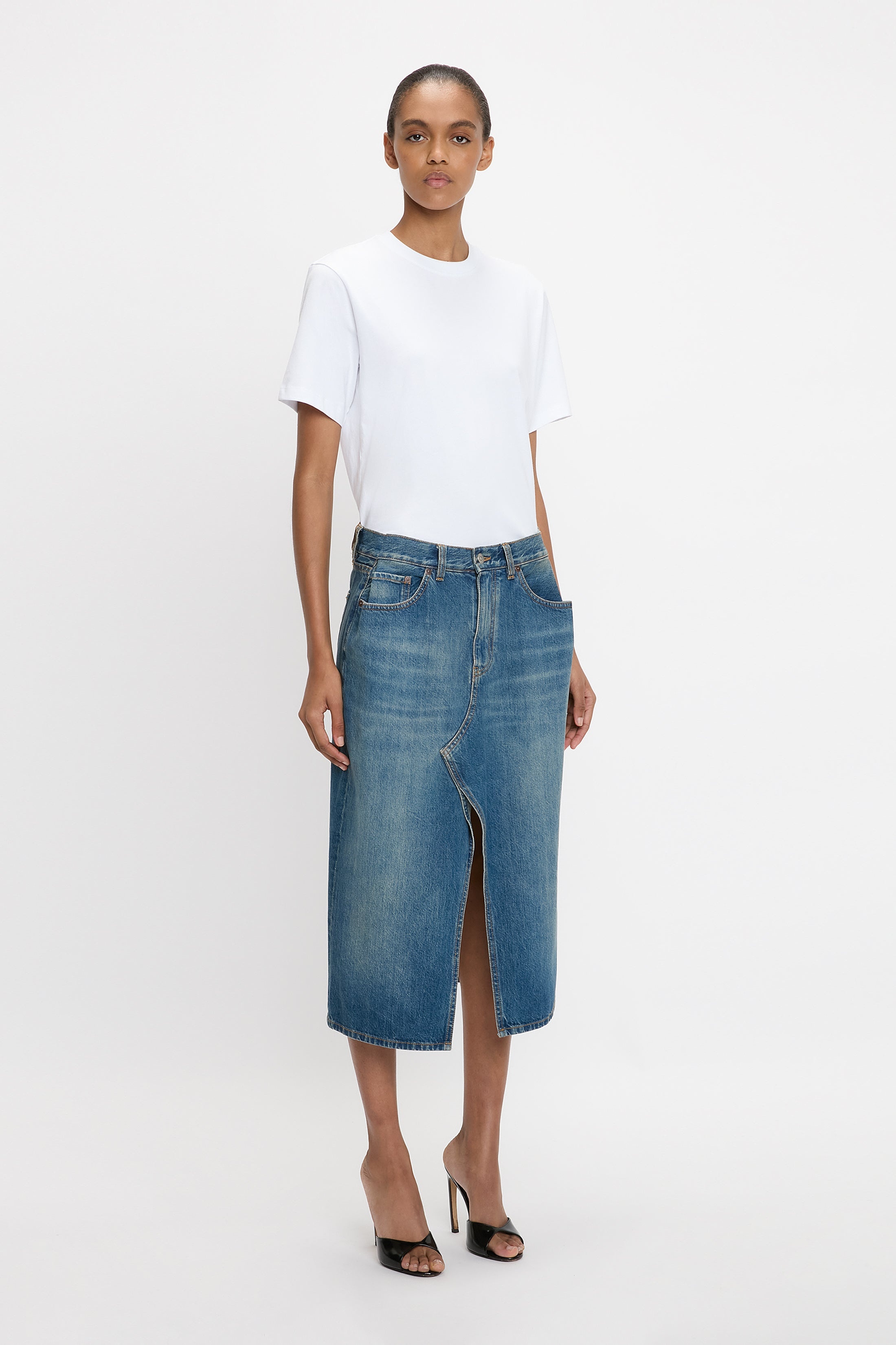 Kick Pocket Denim Skirt In Mid Blue - 3