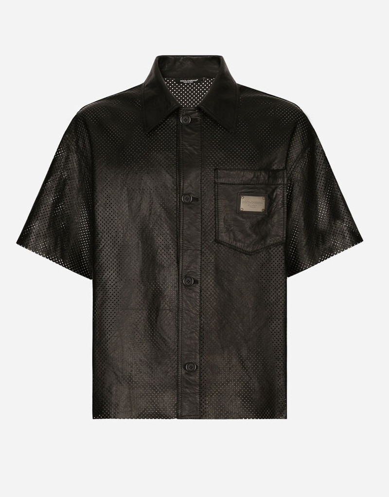 Openwork leather shirt with brand plate 1
