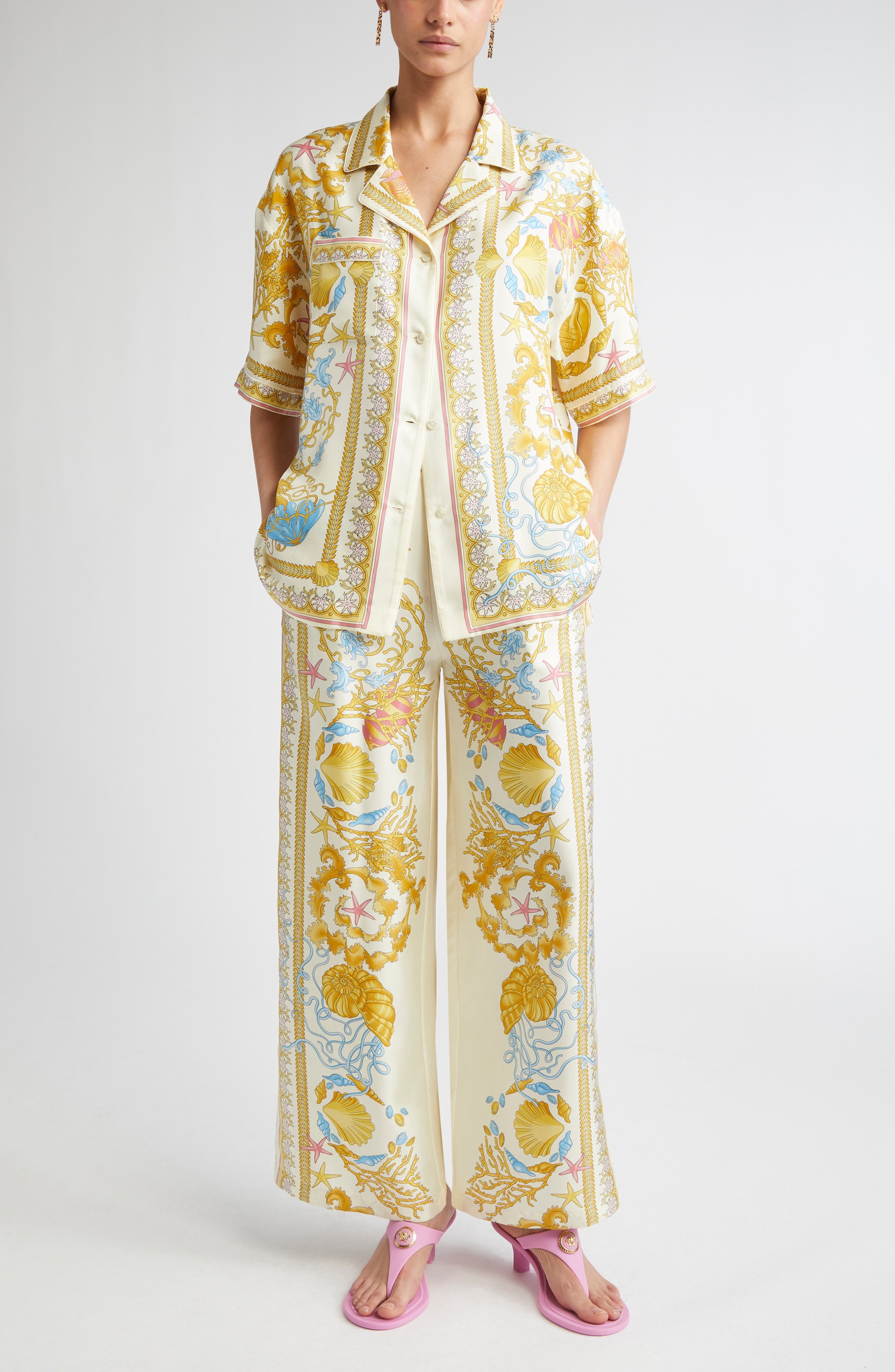 Versace Barocco Underwater Silk Camp Shirt in Eggshell Multicolor at Nordstrom - 2