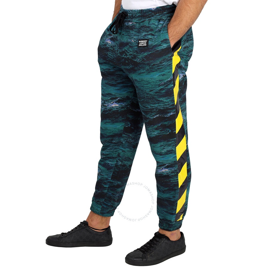 Burberry Men's Deep Teal Tape Detail Sea Print Cotton Trackpants - 2