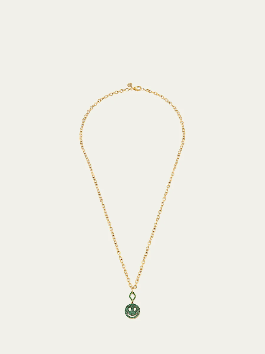 14K Yellow Gold Emerald Happy Face Pendant Necklace - 1