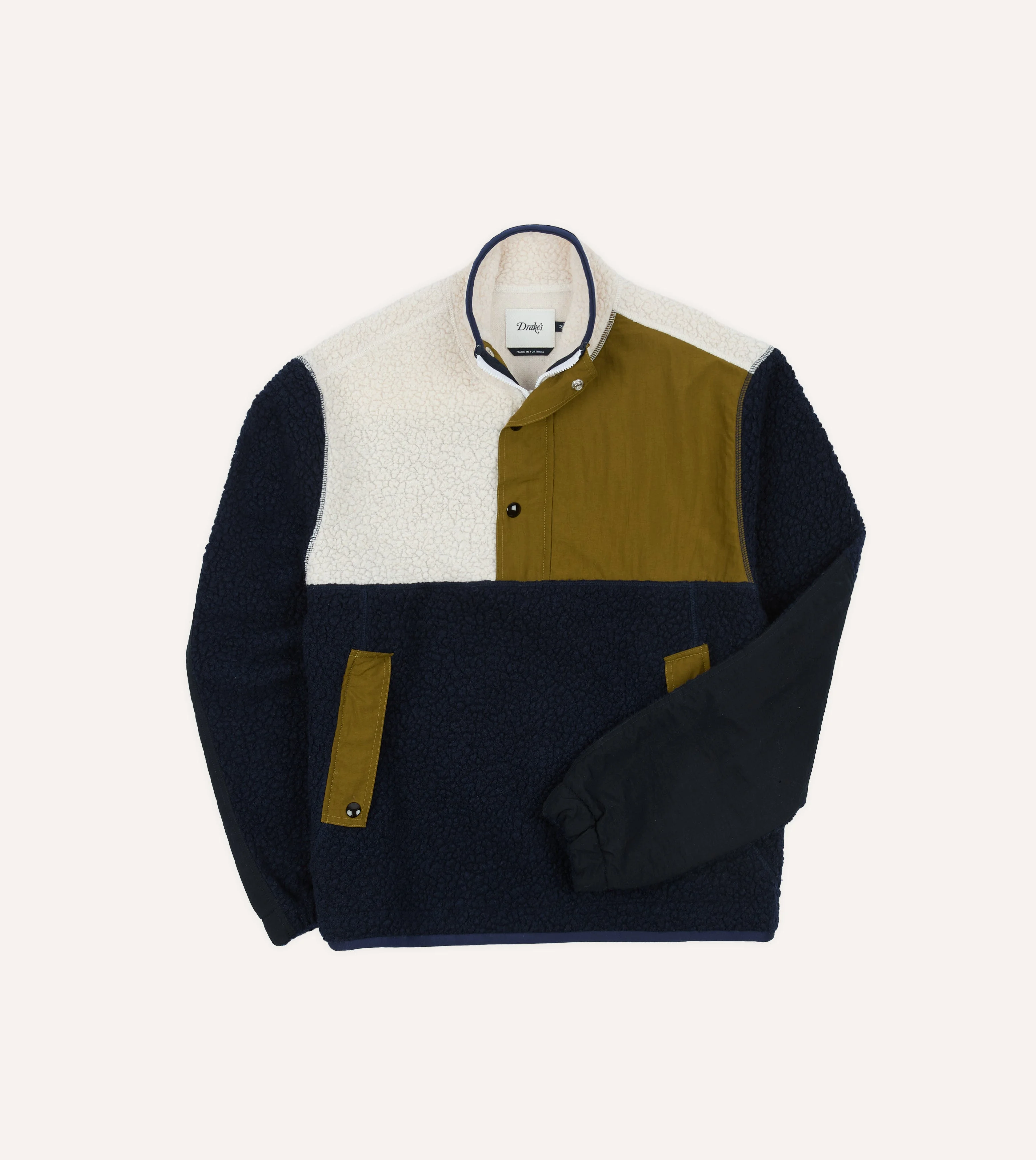 Navy, Ecru and Khaki Boucle Wool Half-Zip Fleece Jacket - 1