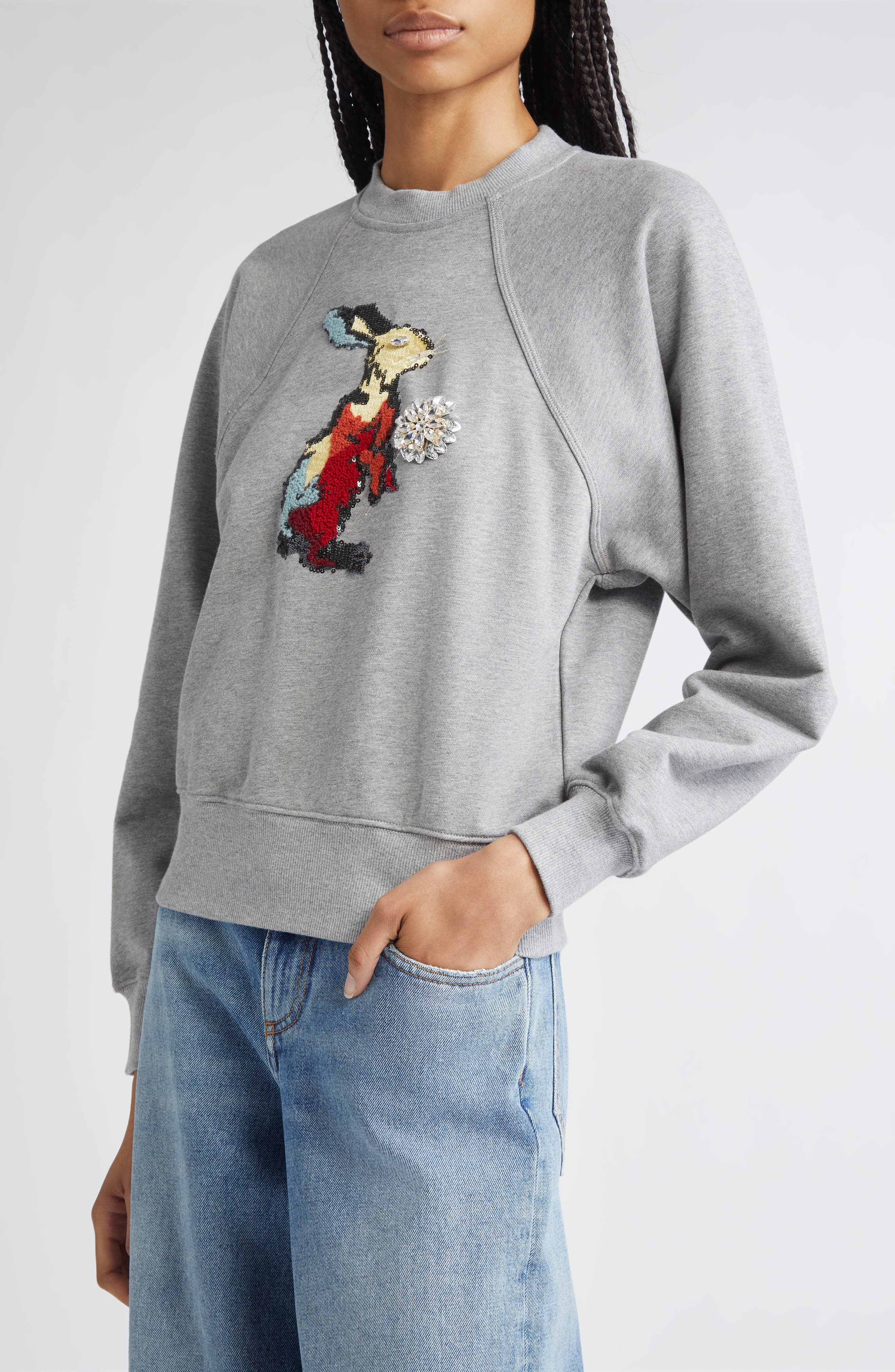 3.1 Phillip Lim Beaded Rabbit Embroidery Cotton Sweatshirt in Grey Melange Multi at Nordstrom - 4