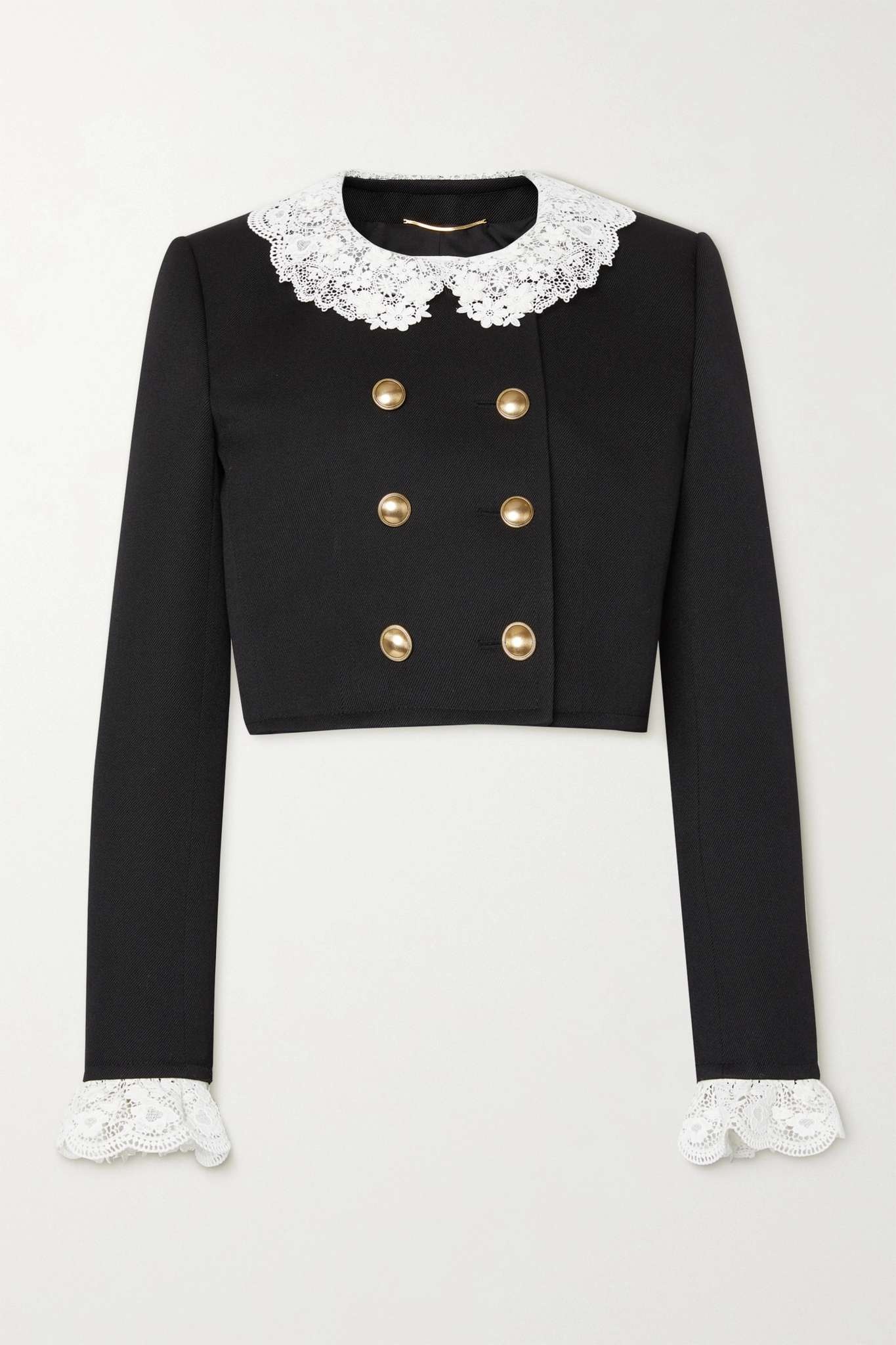 Cropped double-breasted lace-trimmed wool-drill jacket - 1