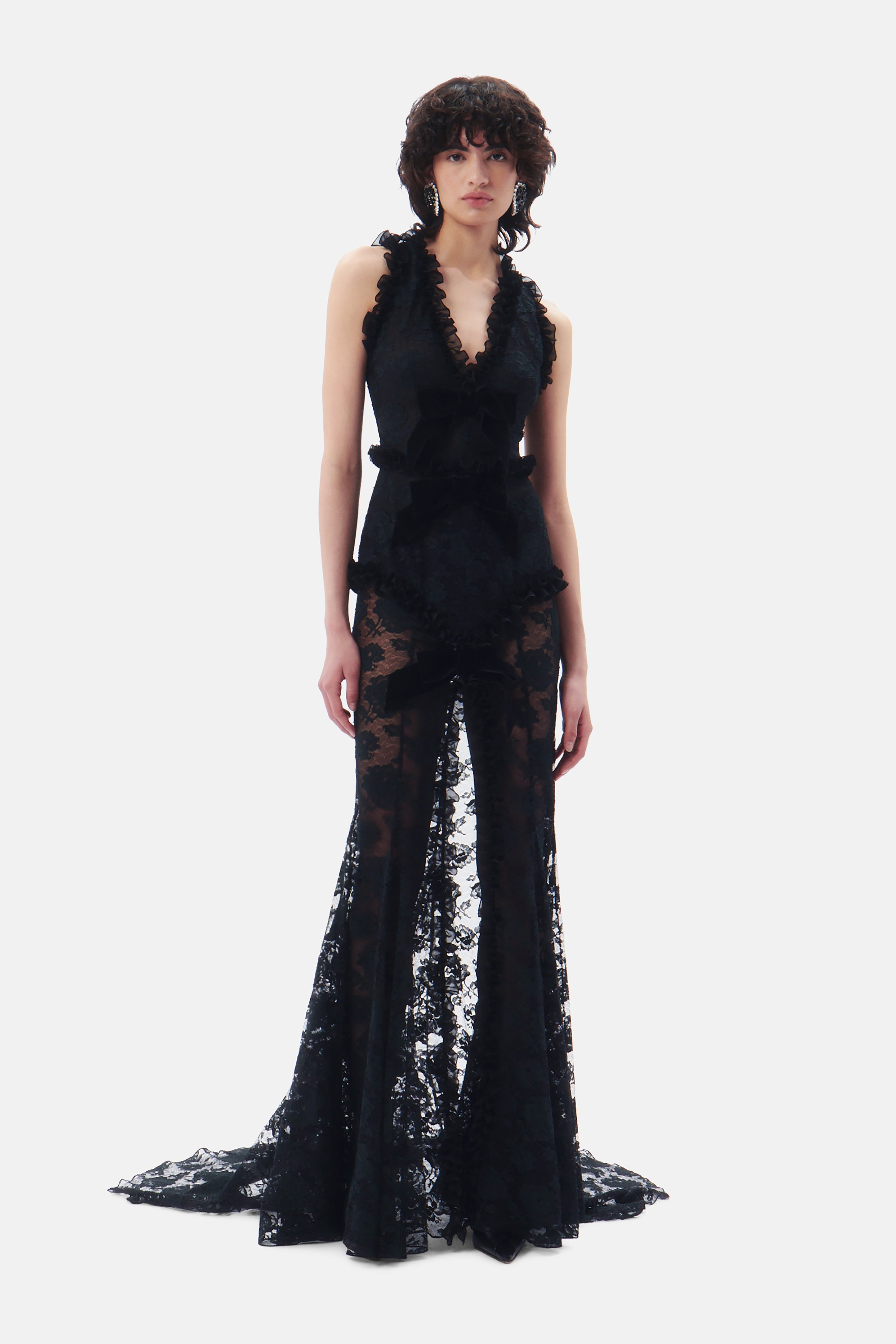 LACE EVENING DRESS WITH VELVET BOWS - 4