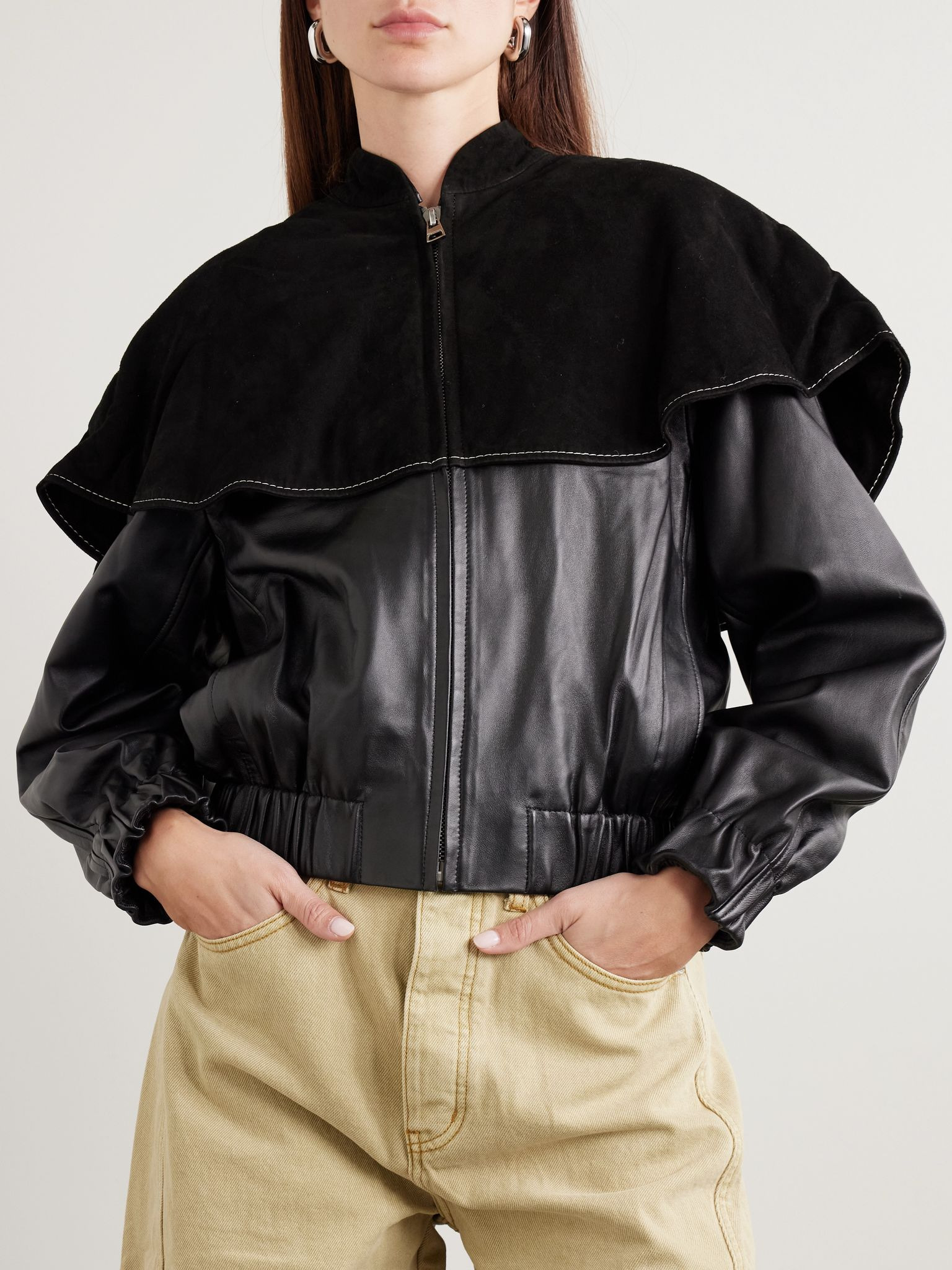 Padded suede and leather bomber jacket Black - 3