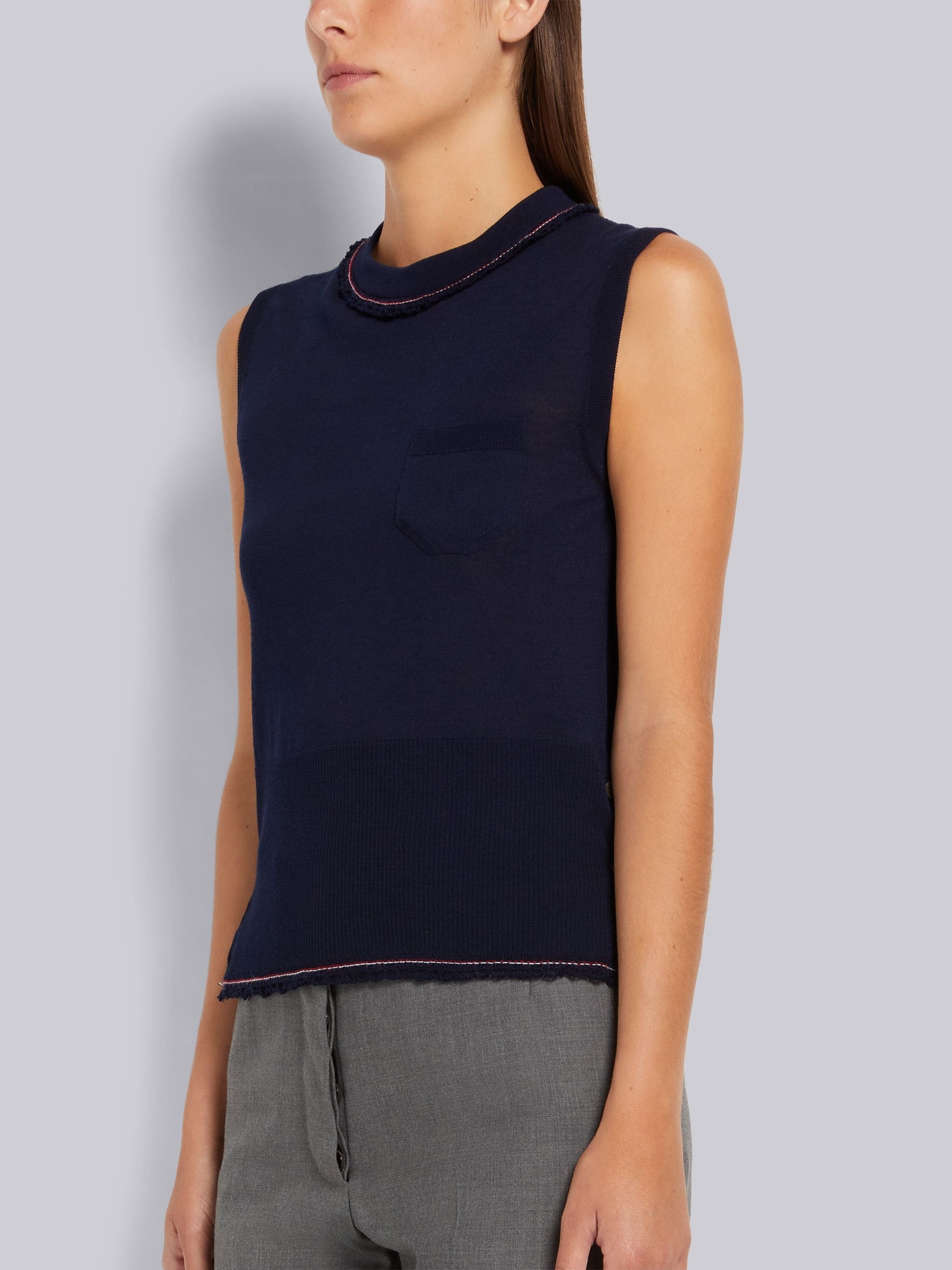Navy Lightweight Wool Crepe Stripe Ruffle Trim Chest Pocket Shell Top - 2