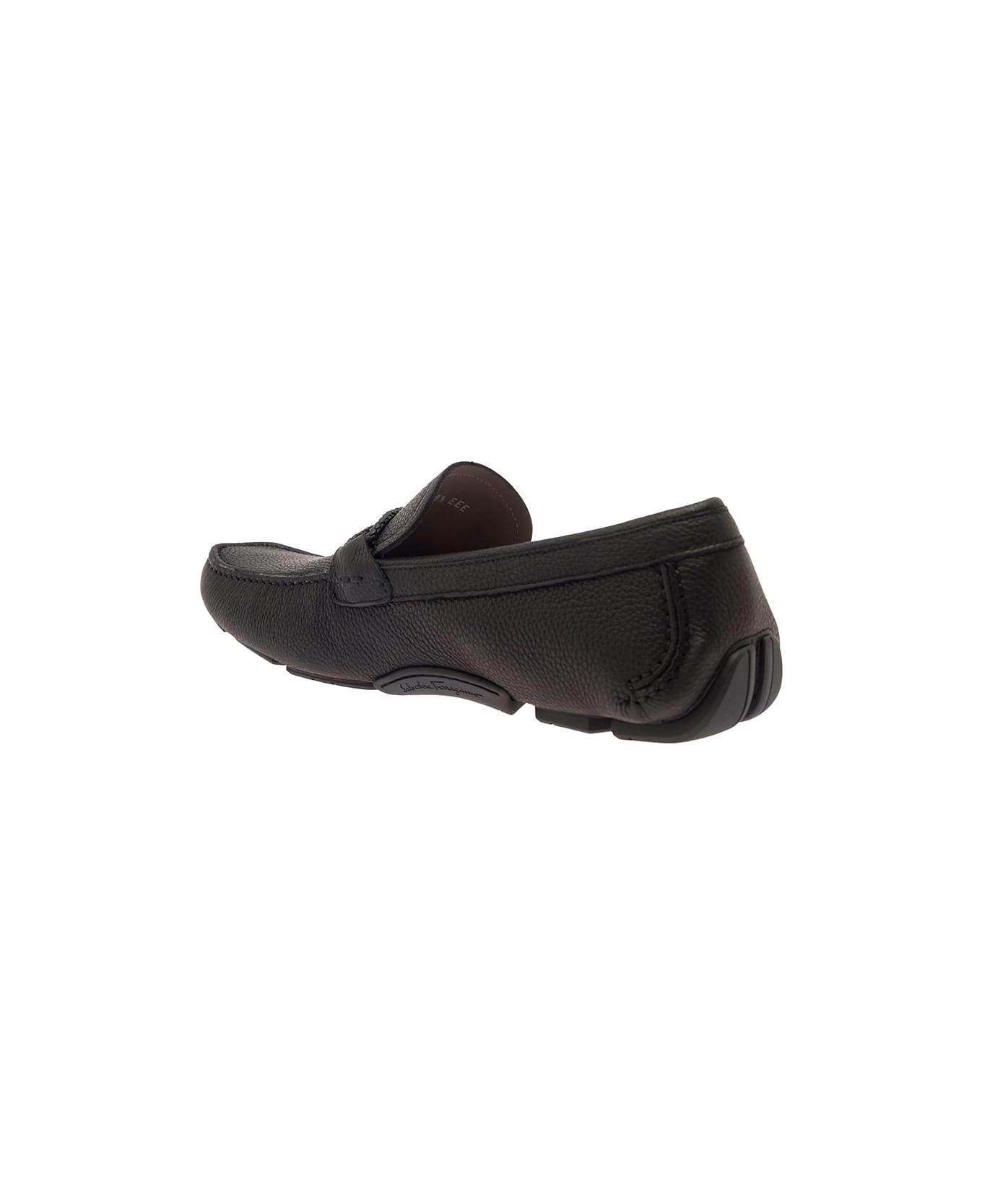Black Slip-on Loafers With Gancini Detail In Hammered Leather Man - 3