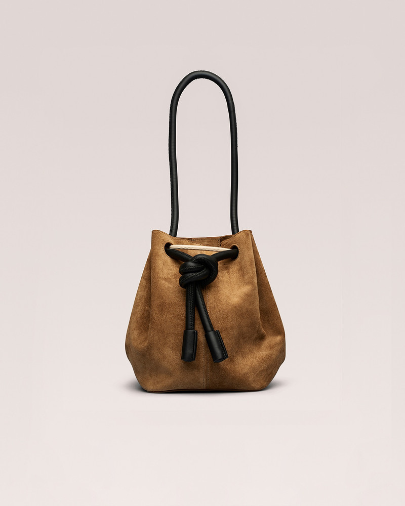 ELONGATED BUCKET - Suede small bucket handle bag - Sand 1