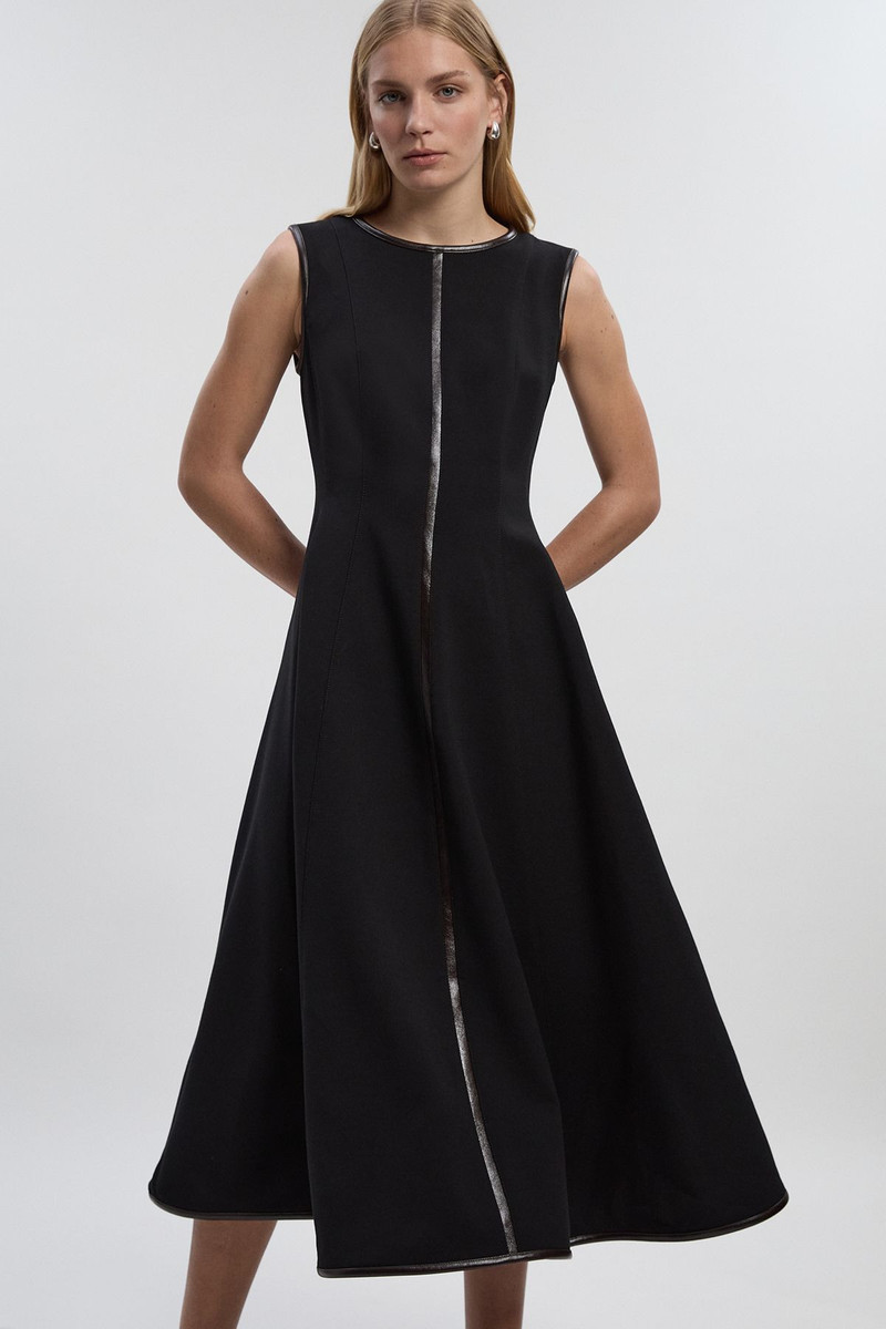 KAREN MILLEN Compact Stretch Pu Mix Sleeveless Full Skirted Tailored Midi Dress outlook