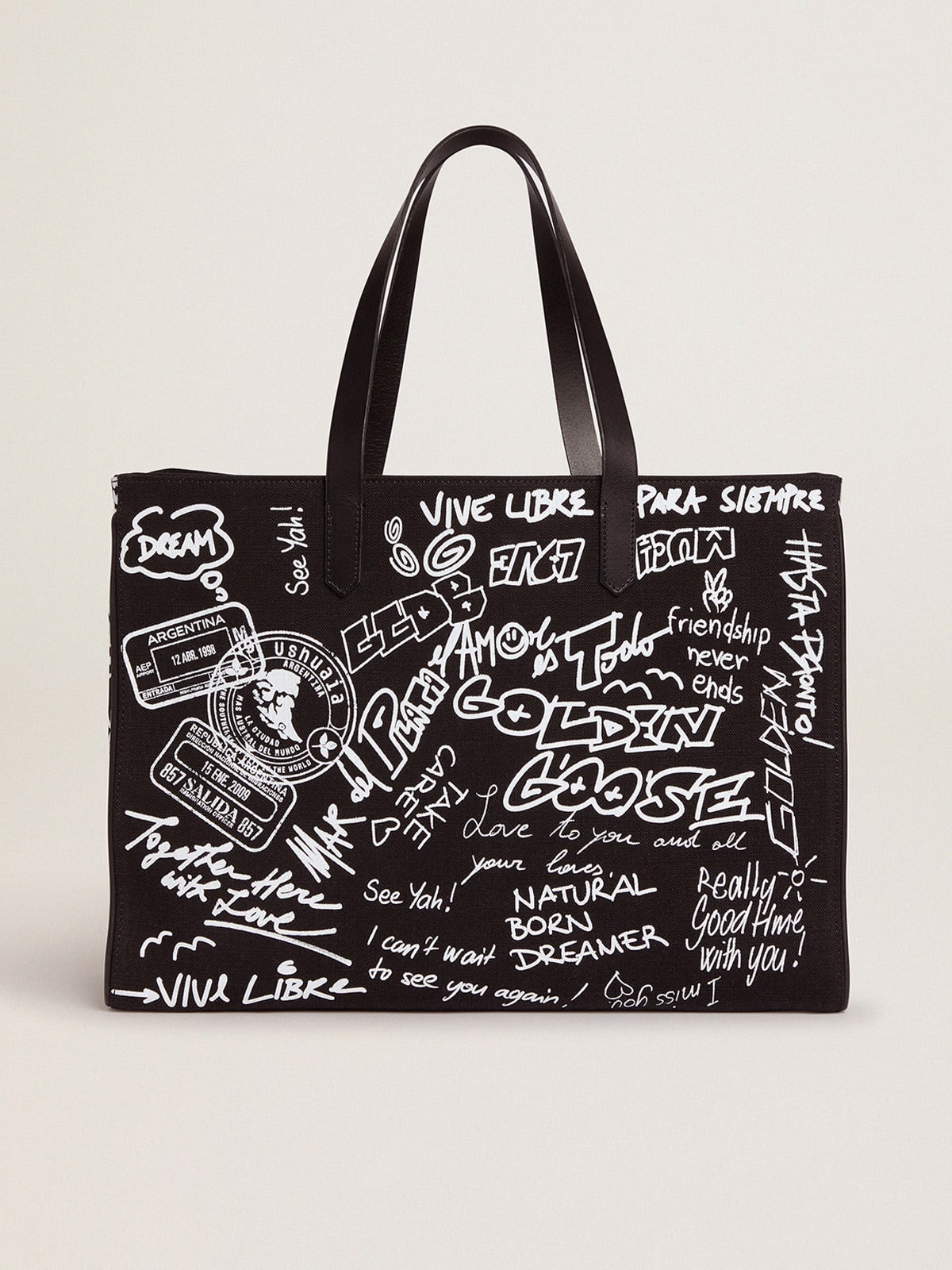 Black East-West California Bag with contrasting white graffiti print - 1