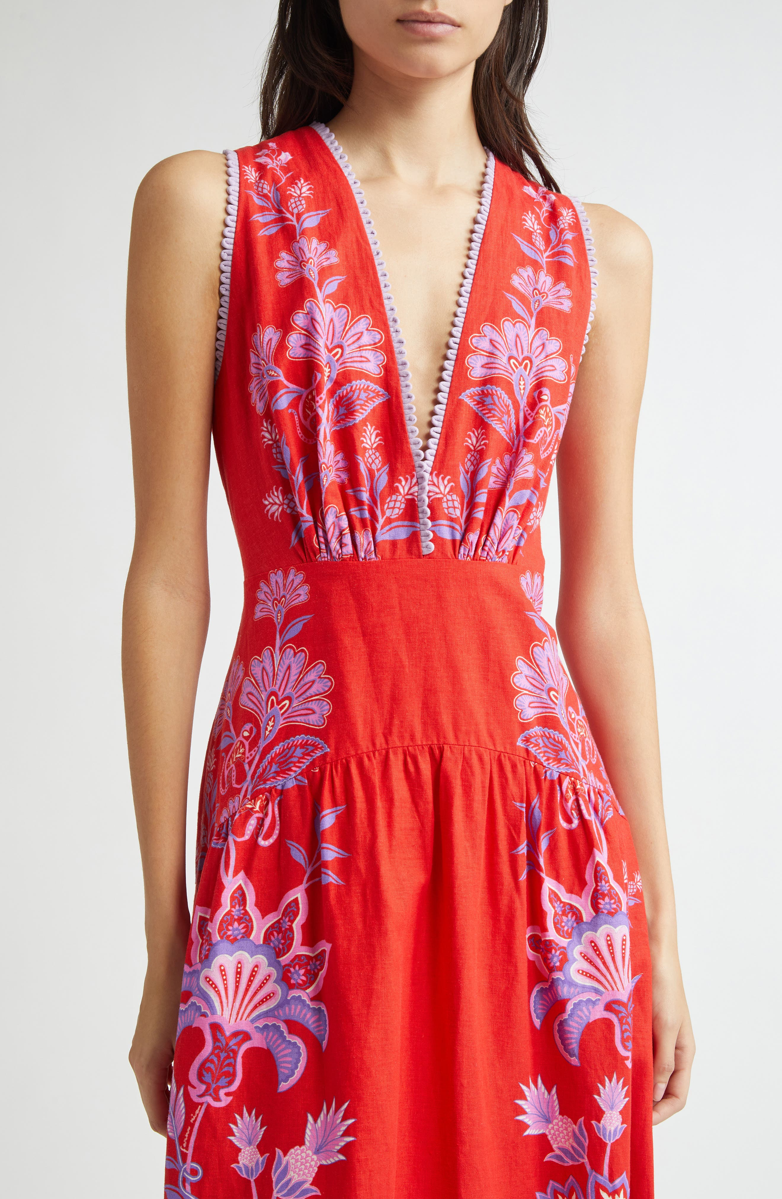 FARM Rio Porcelain Garden Floral Linen Maxi Dress in Red at Nordstrom - 4