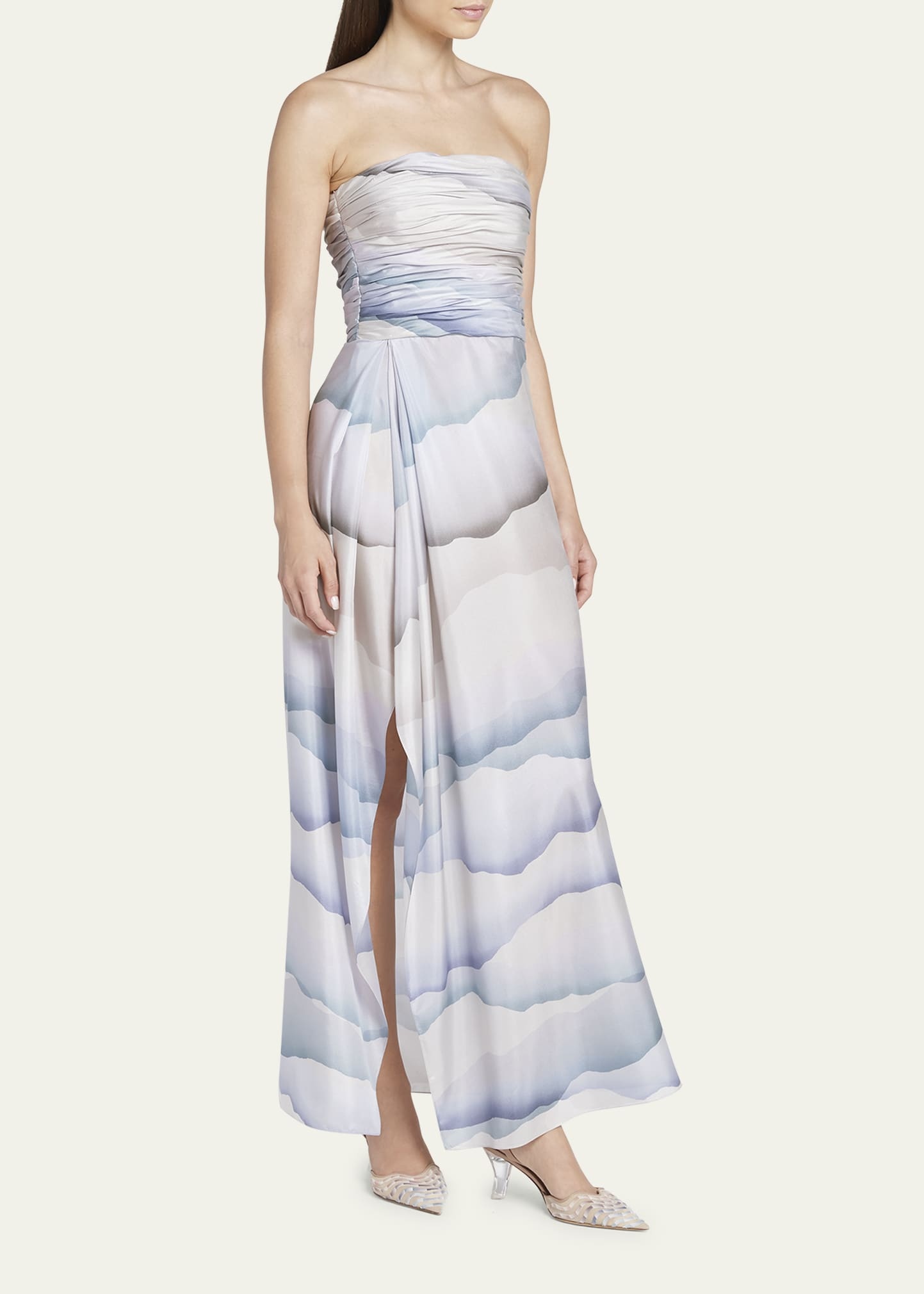 Printed Strapless Ruched Silk Dress - 4