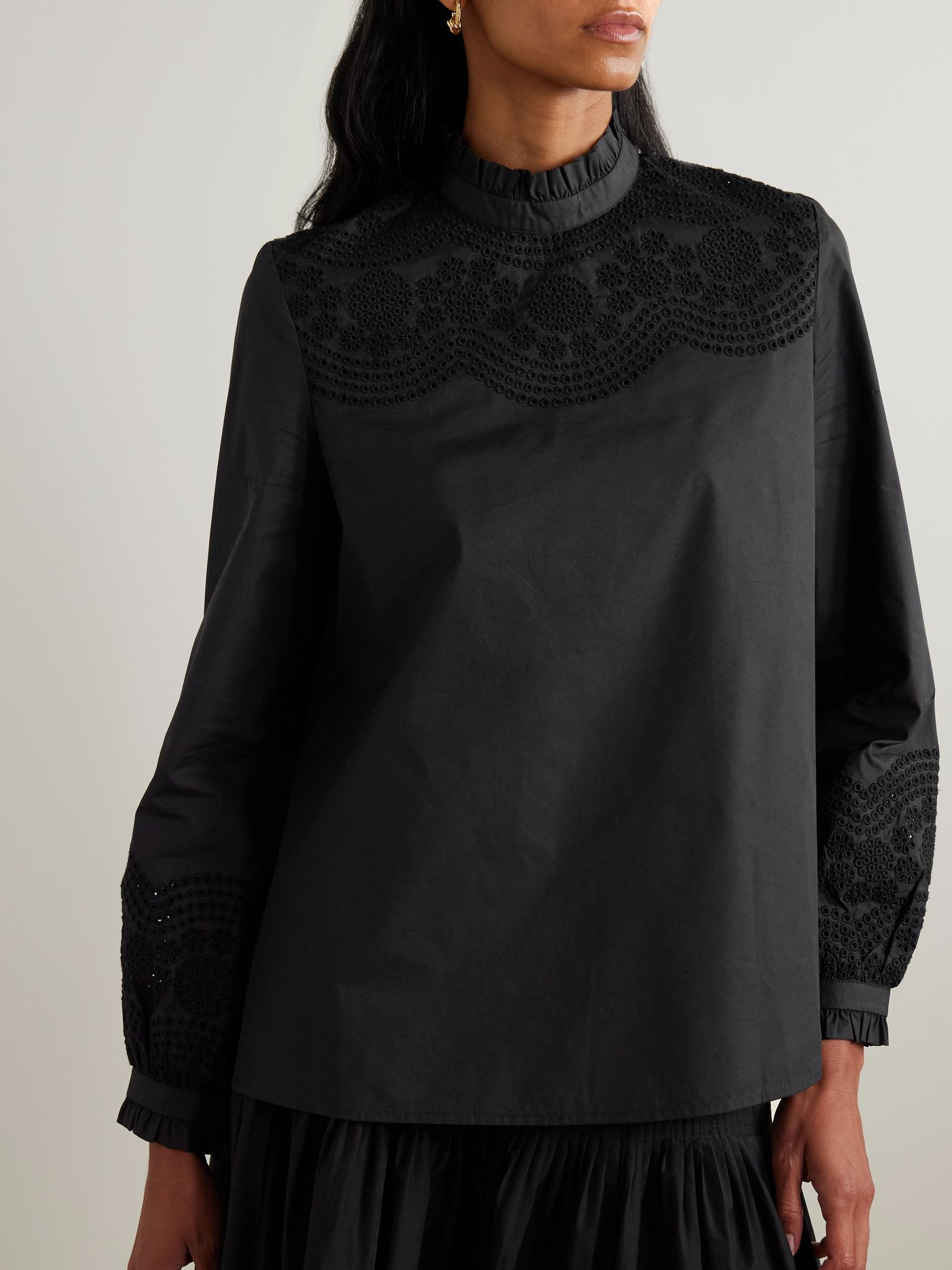 Mona broderie anglaise cotton-blend poplin blouse Black - 3