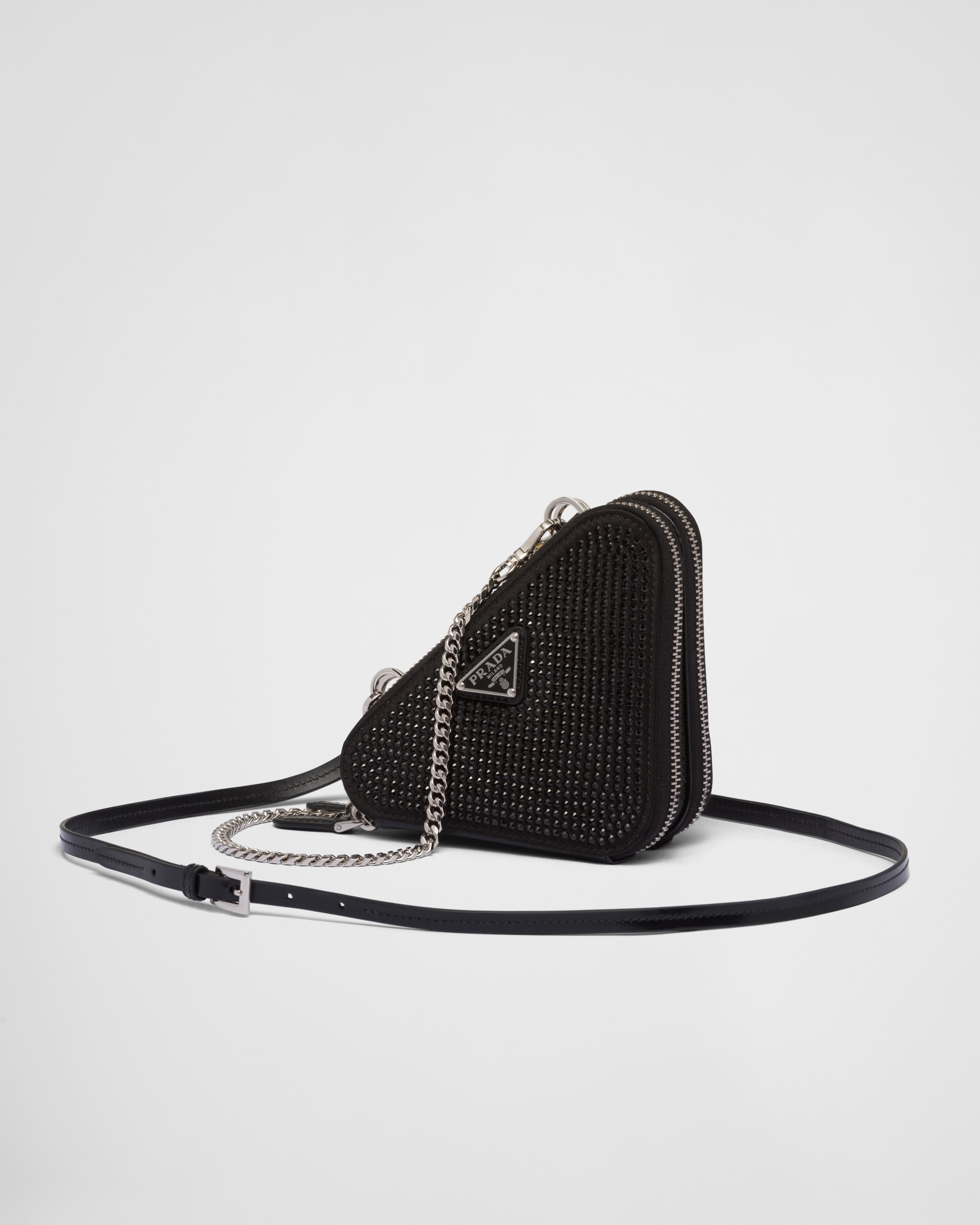 Triangular embellished satin and leather mini-pouch - 1