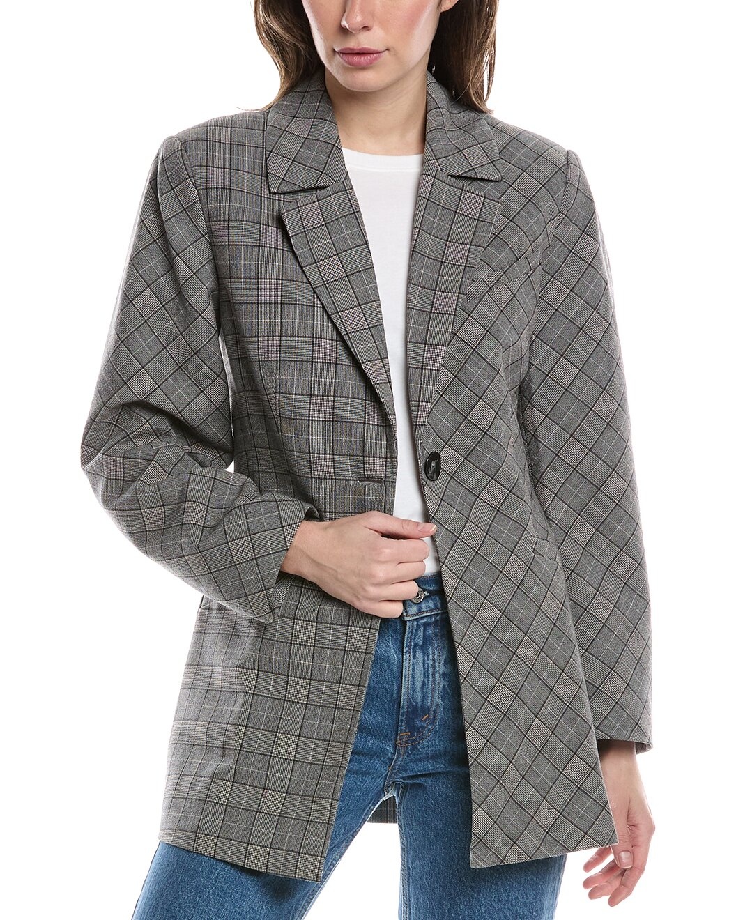 GANNI Check Mix Fitted Wool-Blend Blazer - 1