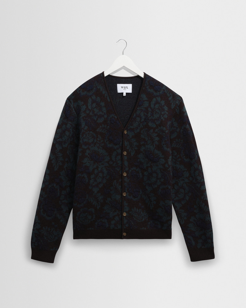 Alban - Black And Green Floral Textured Jacquard Cardigan 1