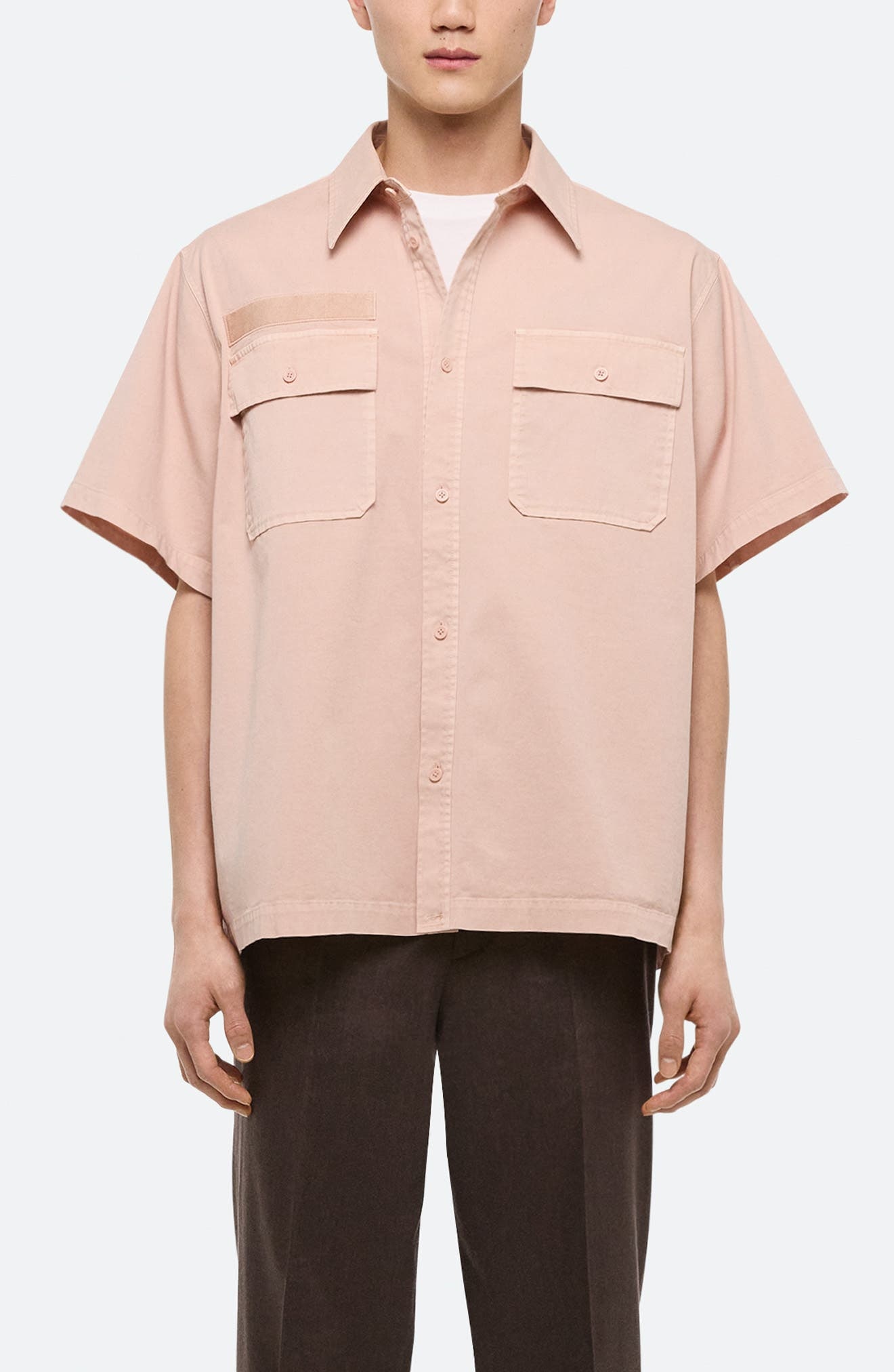 Helmut Lang GD Uniform Short Sleeve Stretch Twill Button Up Shirt in Salmon at Nordstrom - 1
