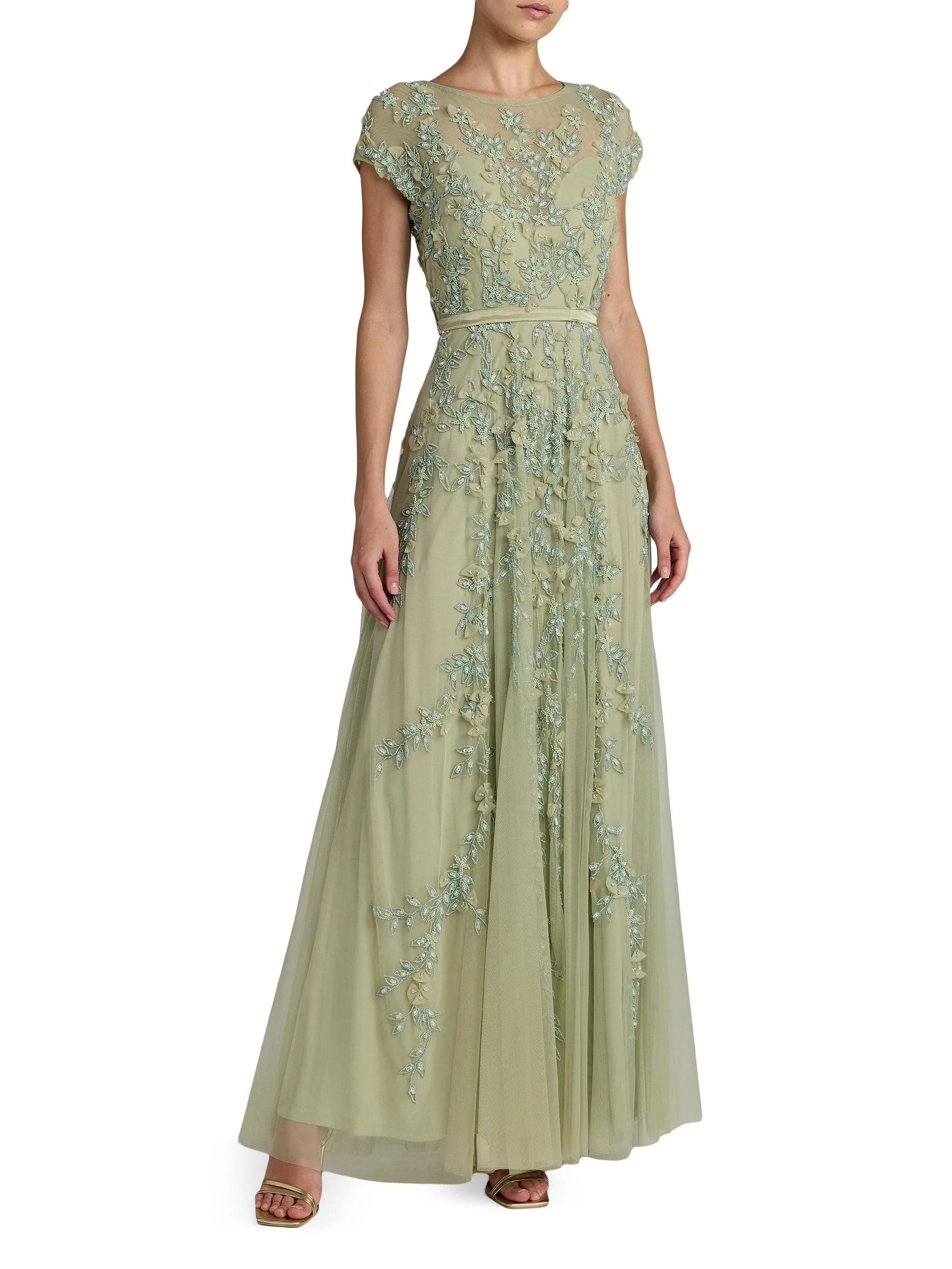 Women's Evening Floral-Embroidered Mesh Gown - Sage - 1