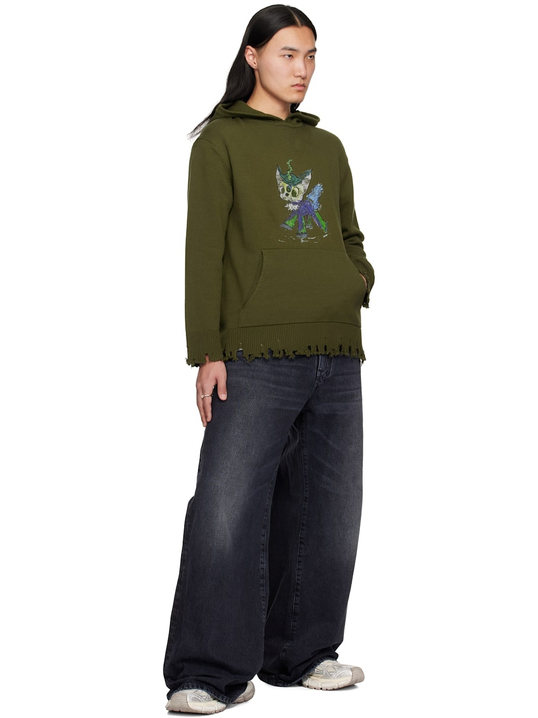 Khaki Grunge Monster Pony Knit Hoodie - 4