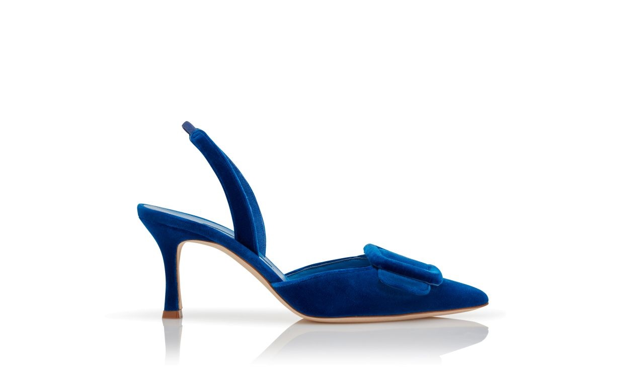 Blue Velvet Buckle Detail Slingback Pumps - 1