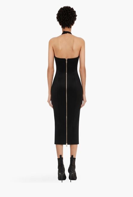 Midi length open back black dress with gold-tone buttons - 3