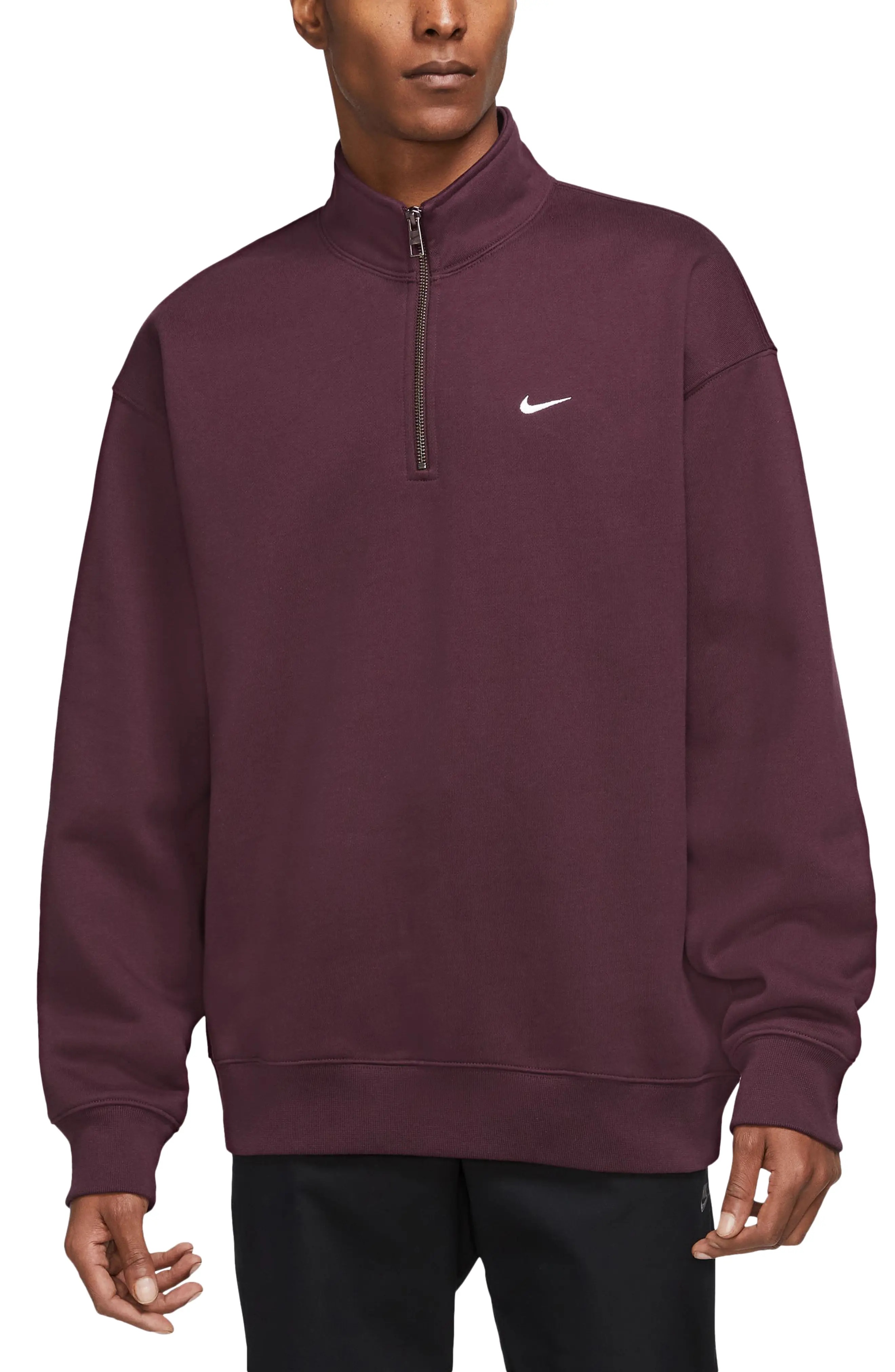 Solo Swoosh Oversize Quarter Zip Sweatshirt in Night Maroon/White - 1