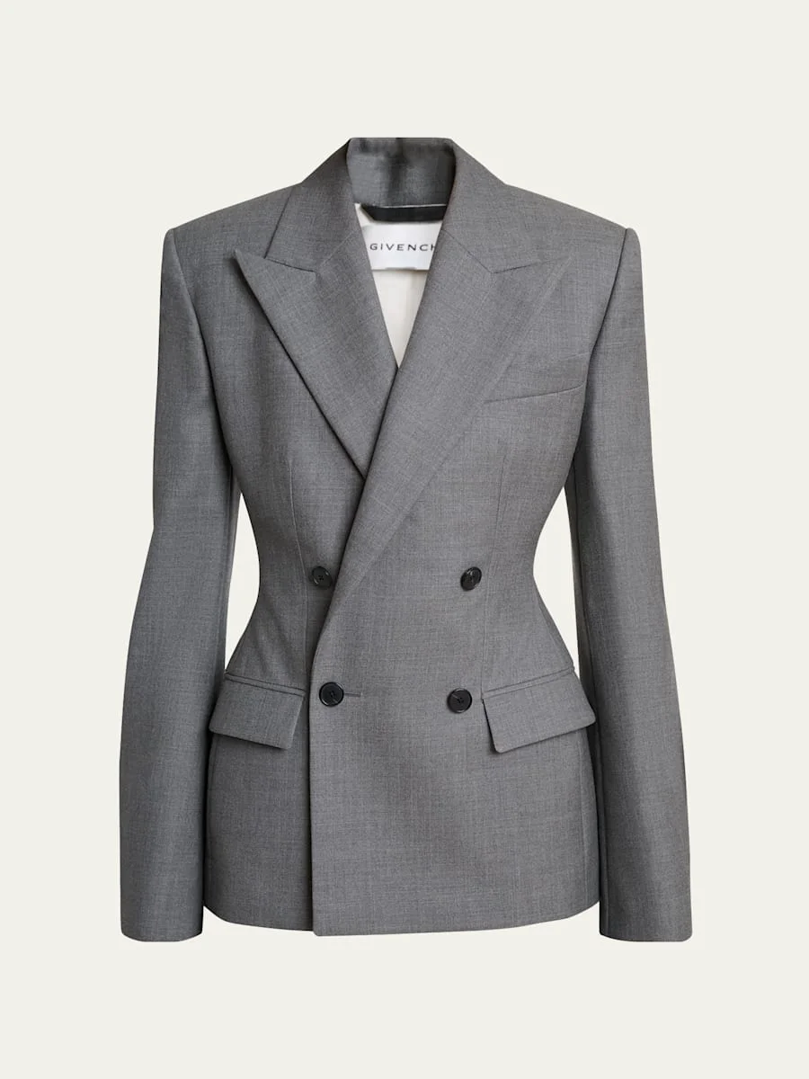 Double Breasted Slim Fit Wool Blazer - 1