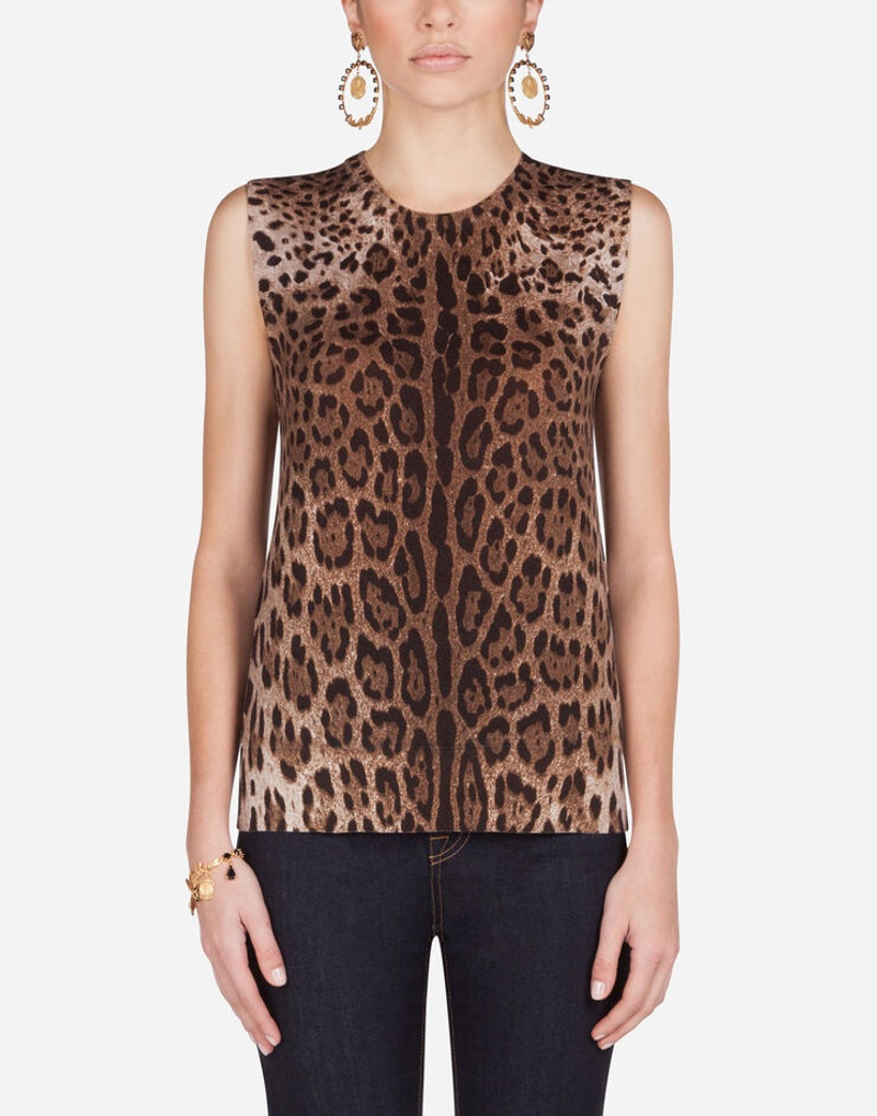 Sleeveless wool sweater with leopard print 1
