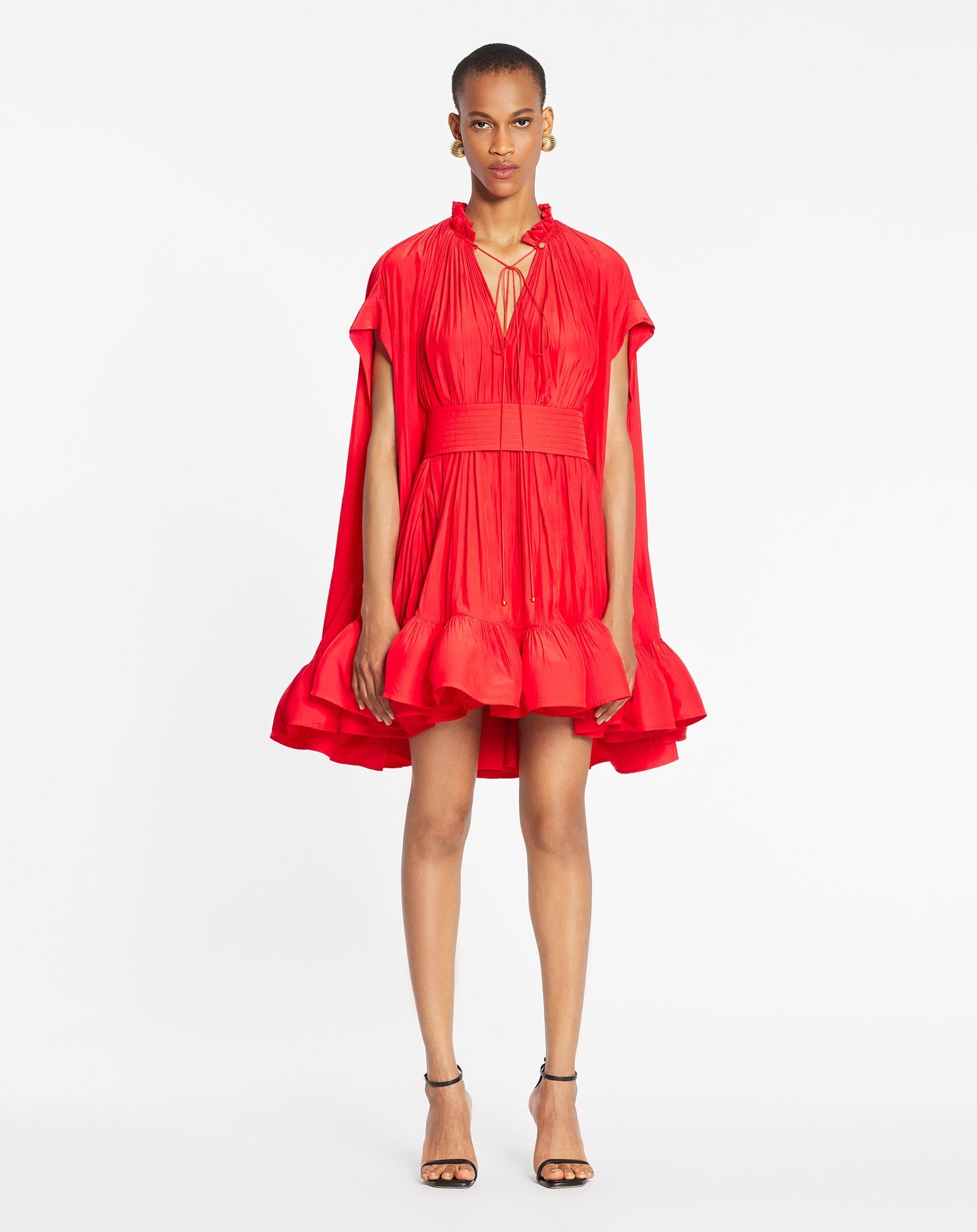 LANVIN Cape-effect tie-detailed ruffled crepe dress