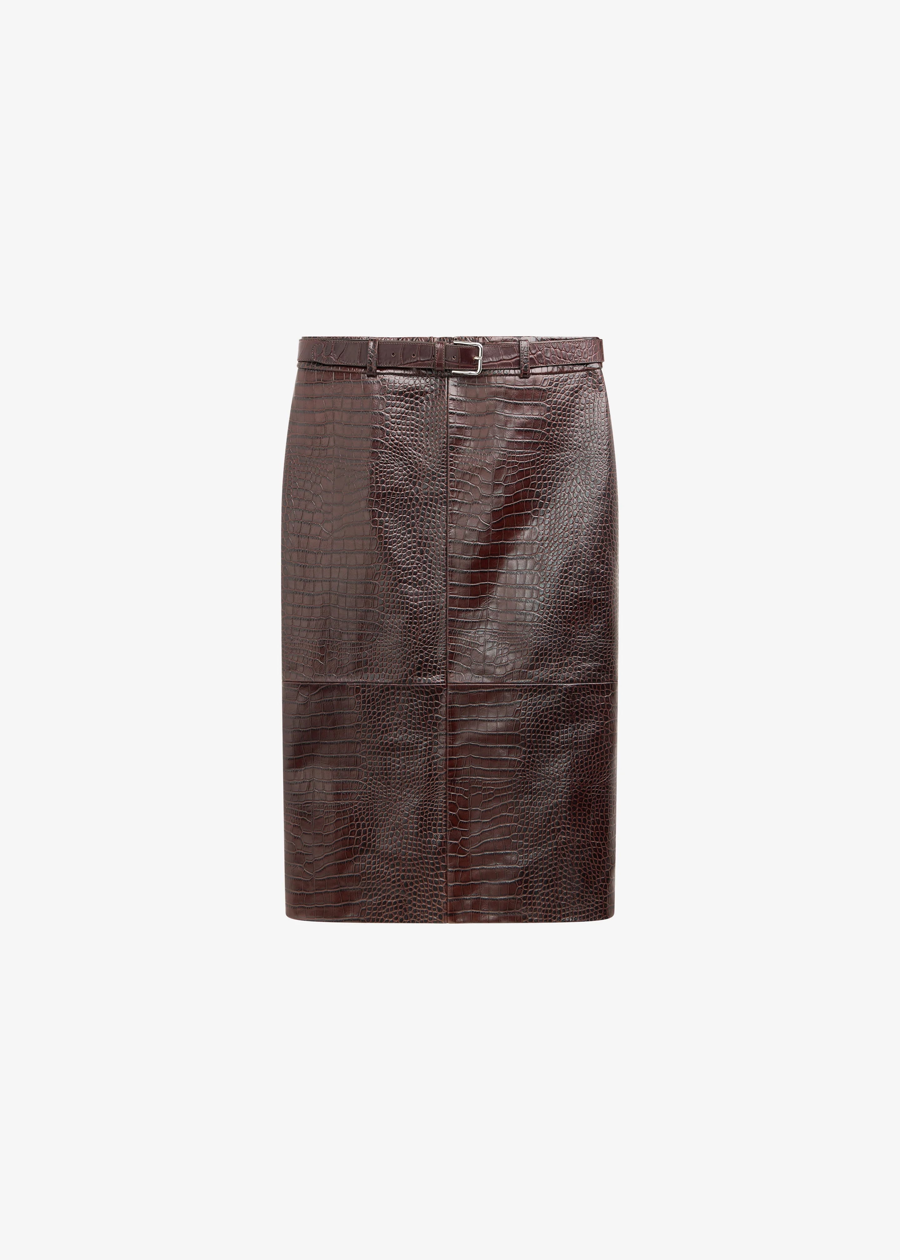 Taney Croc Leather Pencil Skirt - Dark Brown - 1