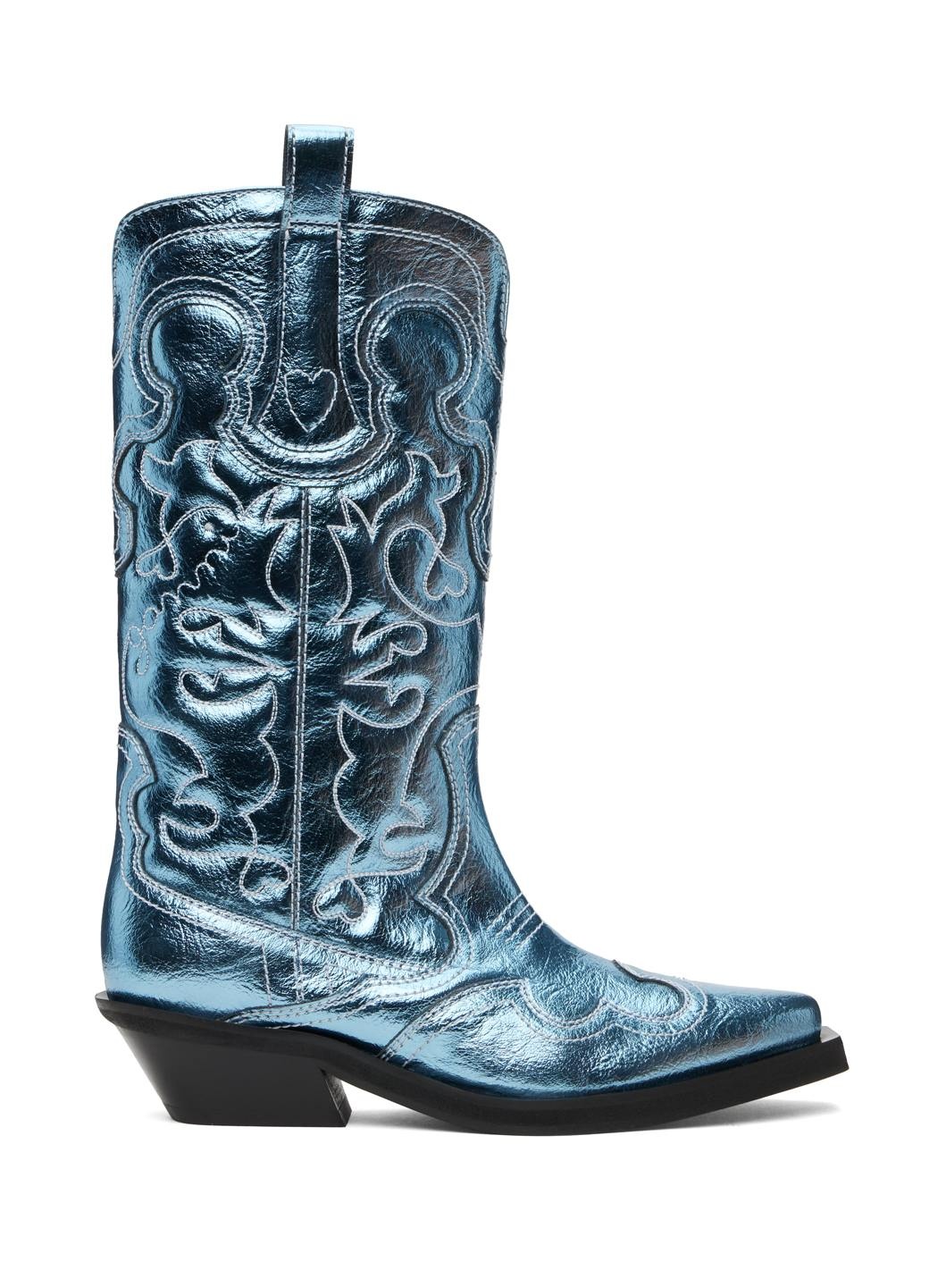 Blue Metallic Mid Shaft Embroidered Western Boots - 1